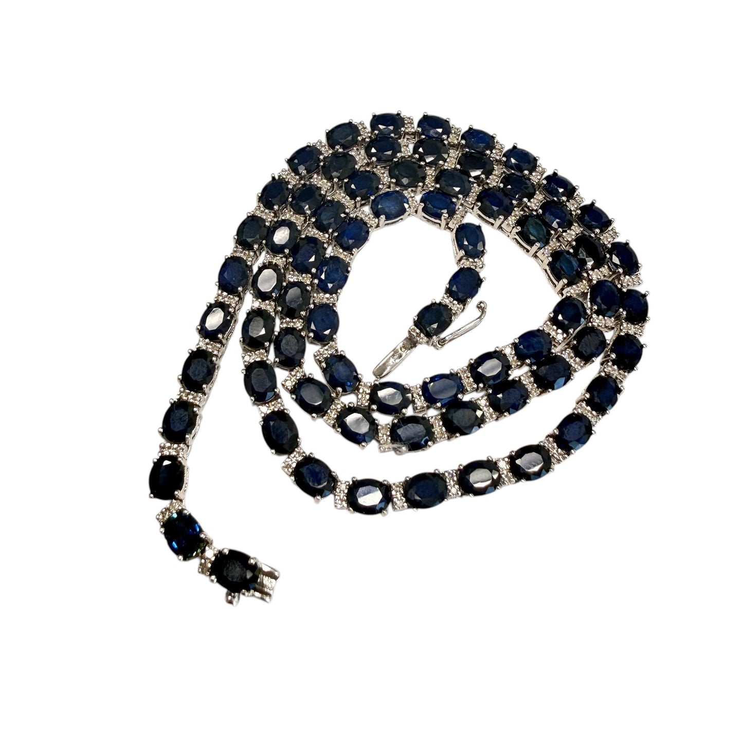 30.90cttw. Blue Sapphire & 0.55cttw. White Diamond Necklace in 14k WG 18"