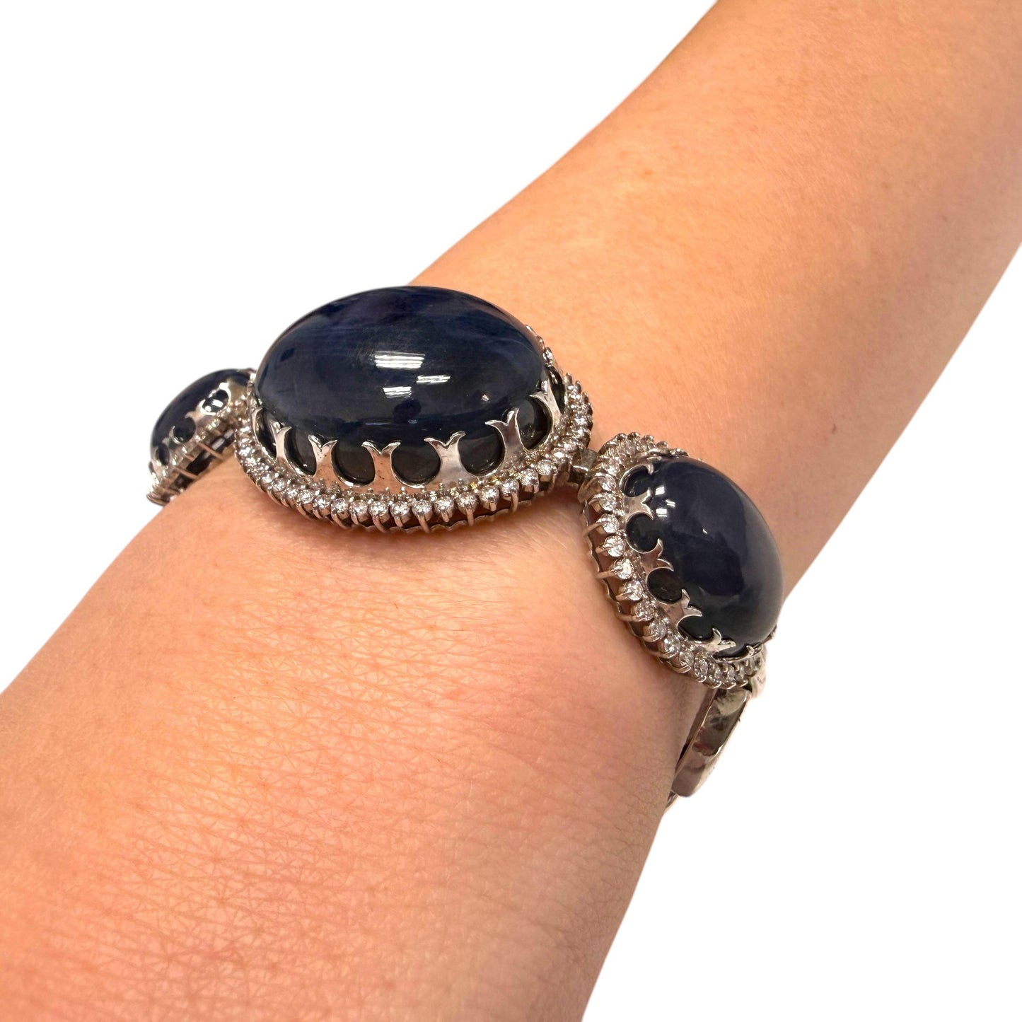 82.10cttw. Cabuchon Cut Blue Sapphire & Diamond Vintage Bracelet  14K WG 38.73G
