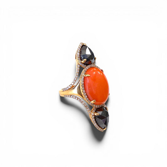 Vintage Coral & Black Onyx in 18k Yellow Gold 10.08g. 6.5US