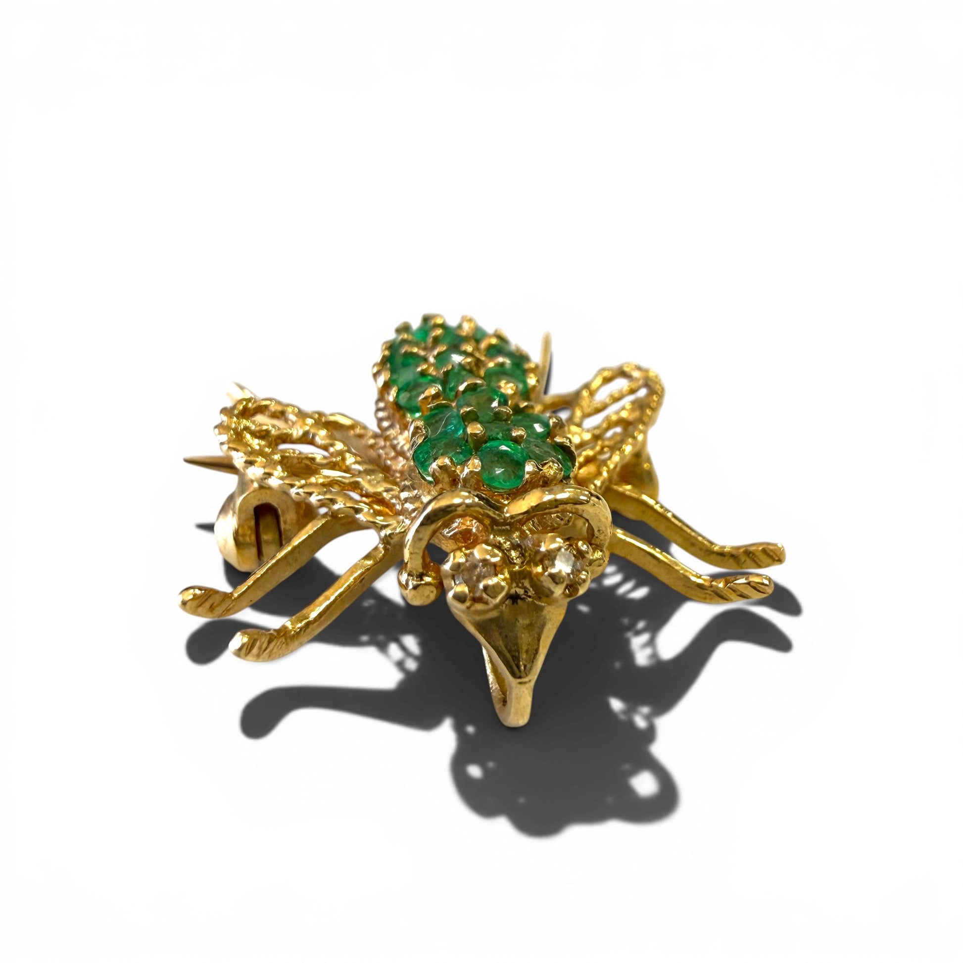 Vintage 18k Yellow Gold Green Emerald Fly Brooch 2.34g.
