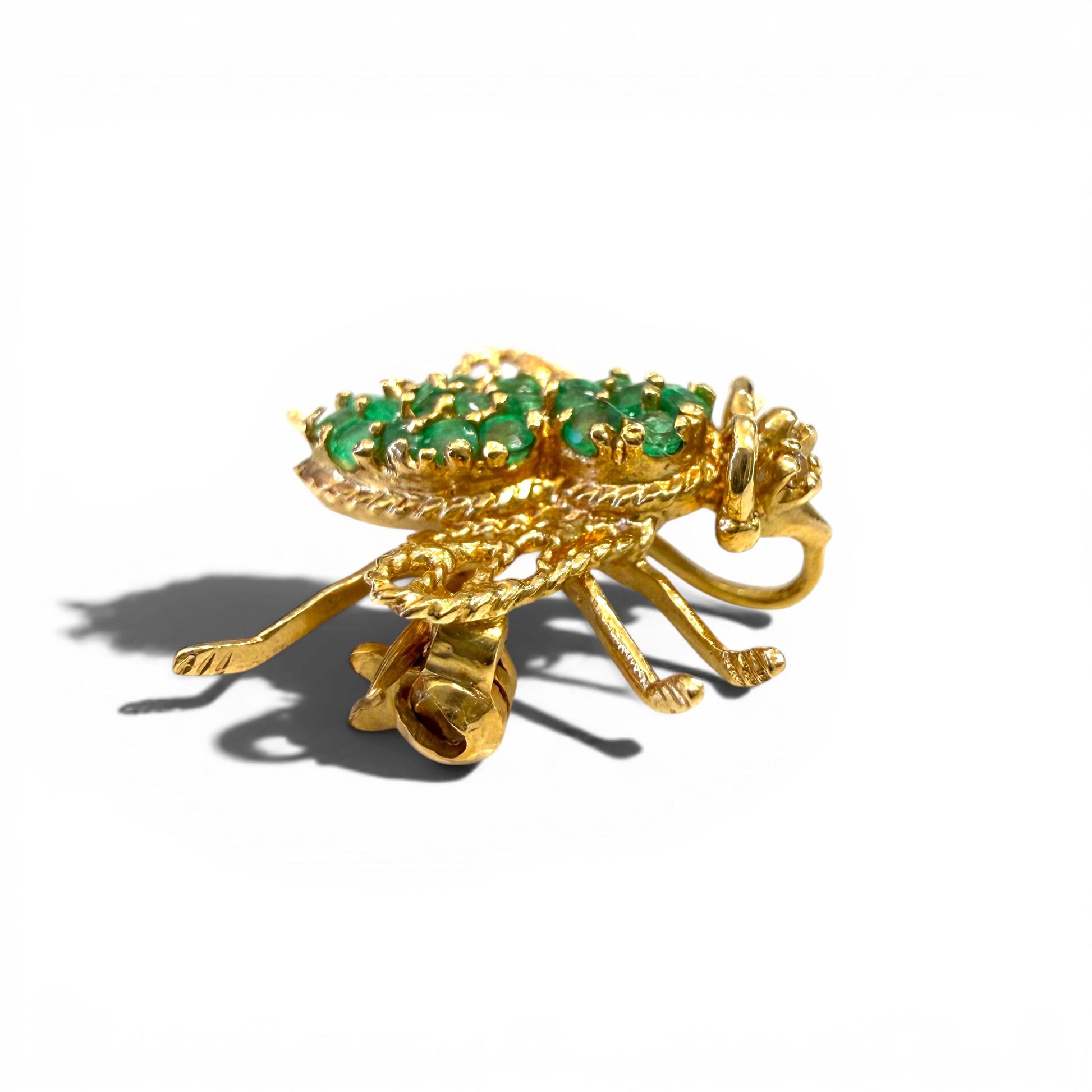 Vintage 18k Yellow Gold Green Emerald Fly Brooch 2.34g.