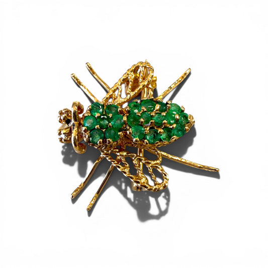 Vintage 18k Yellow Gold Green Emerald Fly Brooch 2.34g.