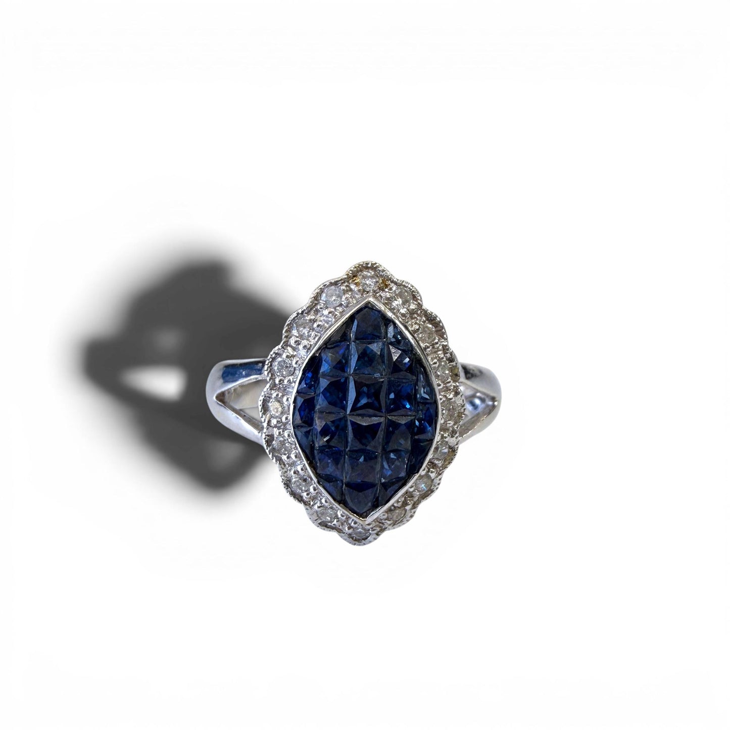 2.50cttw. Blue Sapphire & 0.15cttw White Diamond Ring in 18k White Gold 6.75US