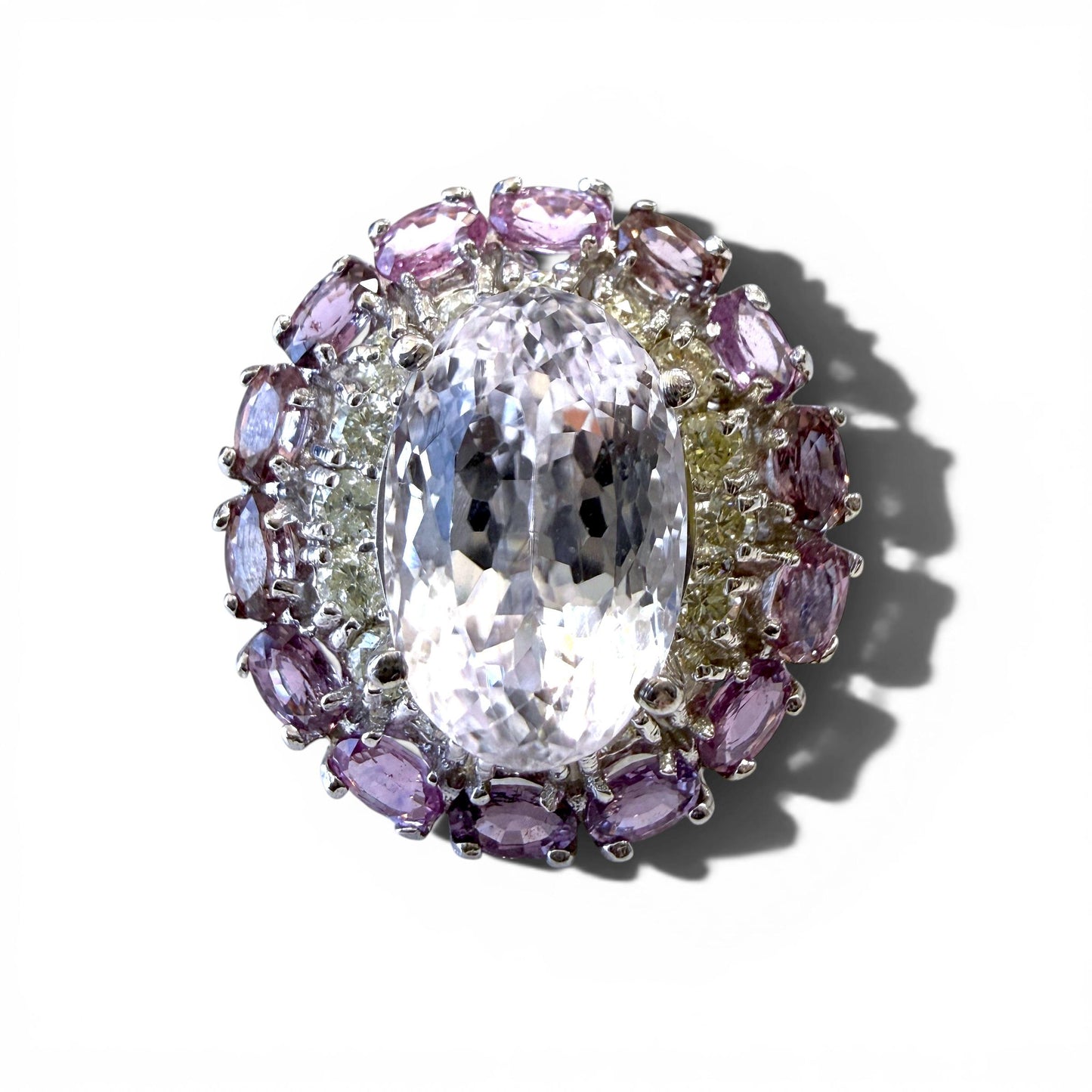 12.09ct Kunzite & 4cttw. Sappire and 1.75cttw White Diamond Ring in 14k WG