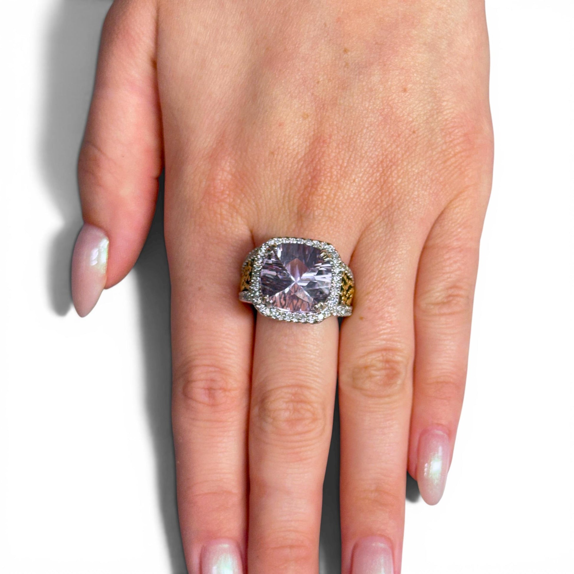 10.75ct. Kunzite & 0.92cttw. White Diamond Fashion Ring in 14k White Gold 7US