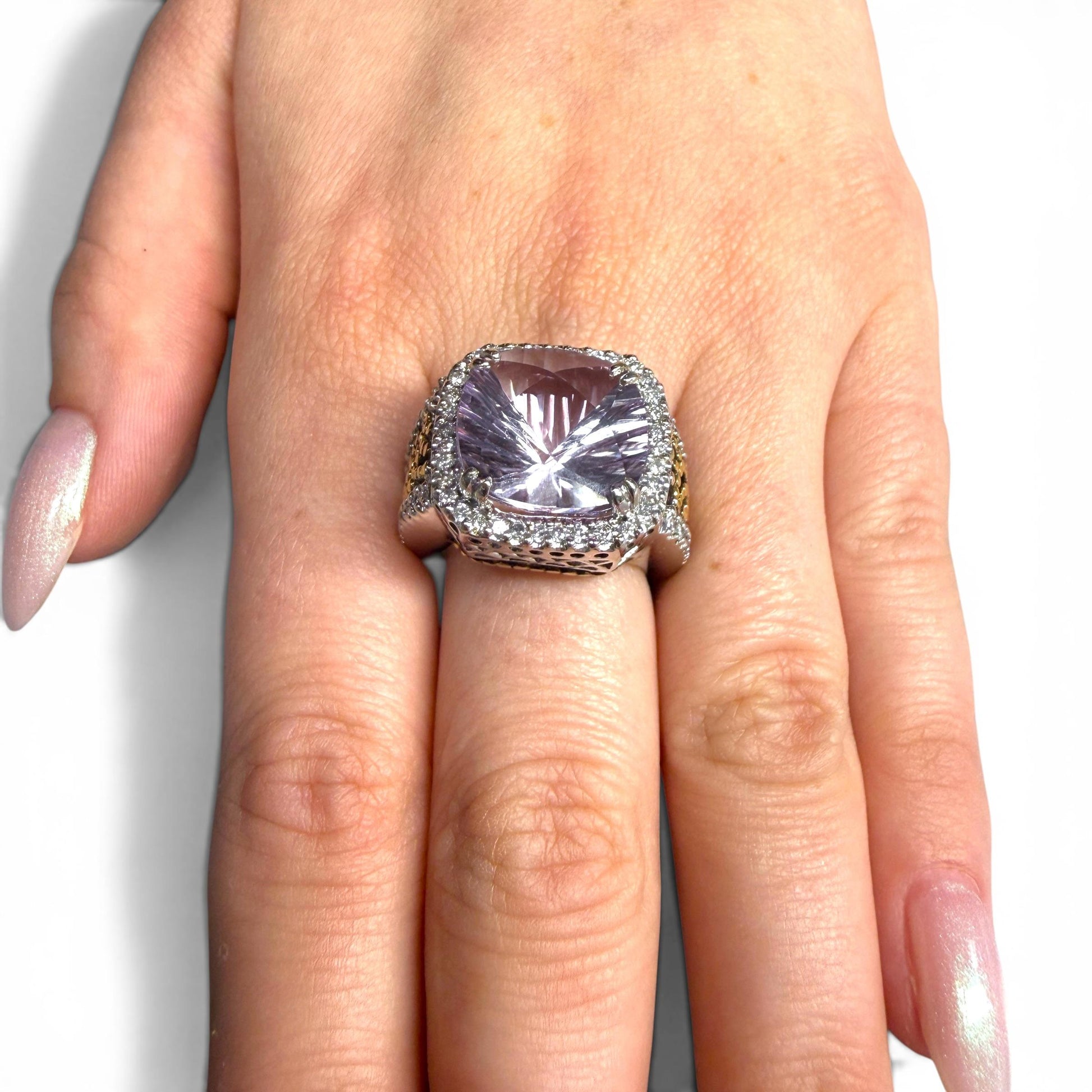 10.75ct. Kunzite & 0.92cttw. White Diamond Fashion Ring in 14k White Gold 7US