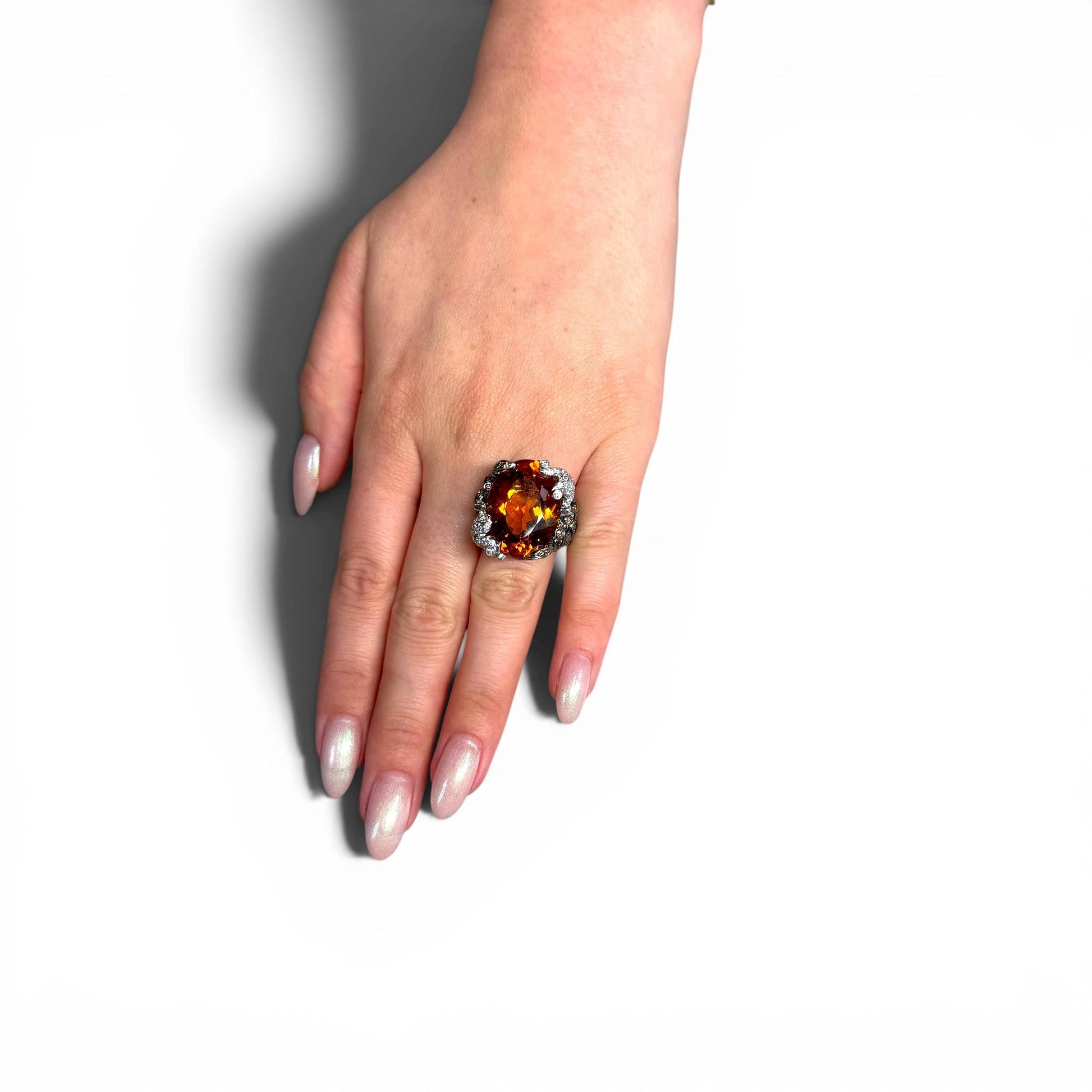 22.87ct. Citrine & 3.05cttw. Diamonds Fashion Ring in 18k White Gold 6.5US