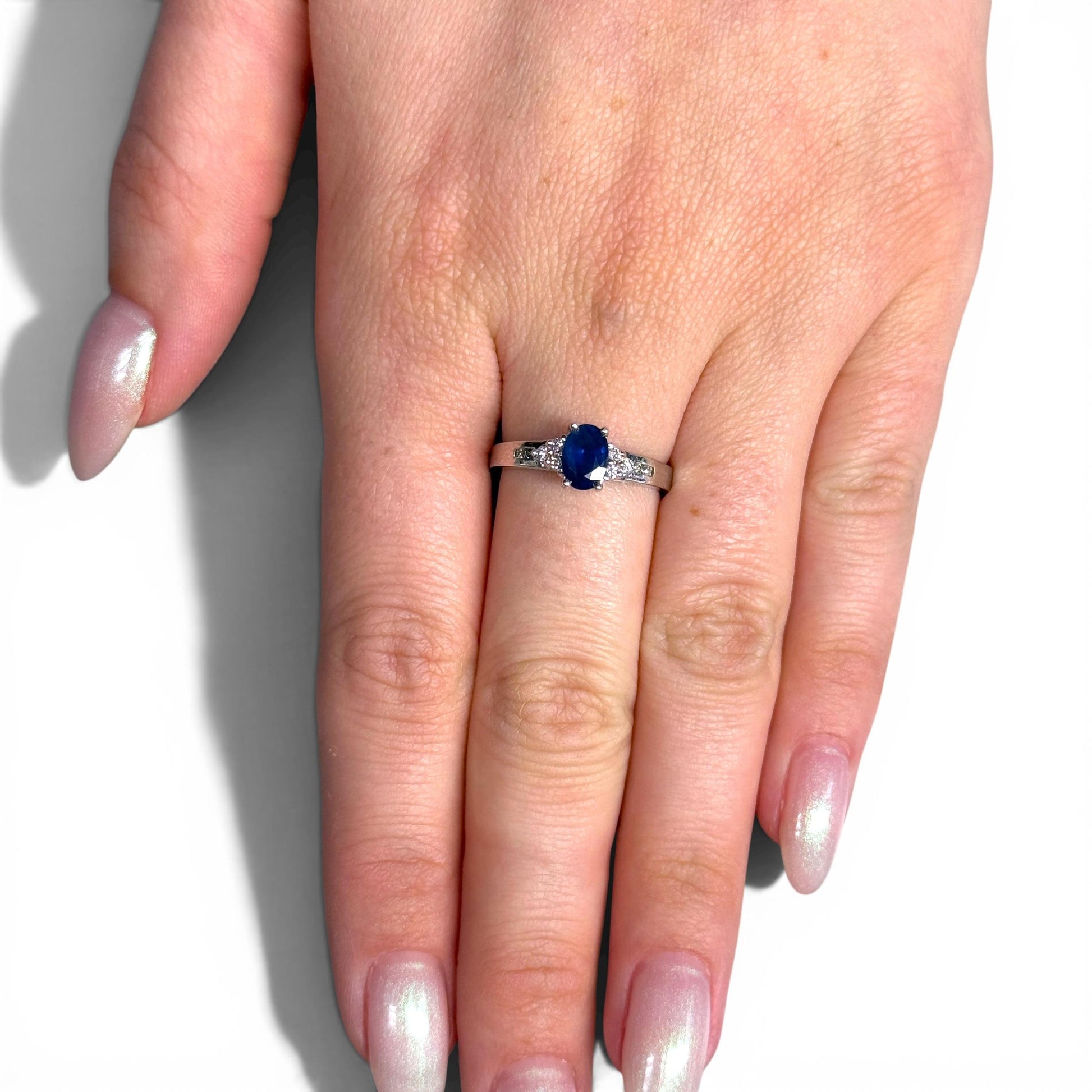 0.88ct Blue Sapphire & 0.09cttw. White Diamond Ring in 14k White Gold 7US