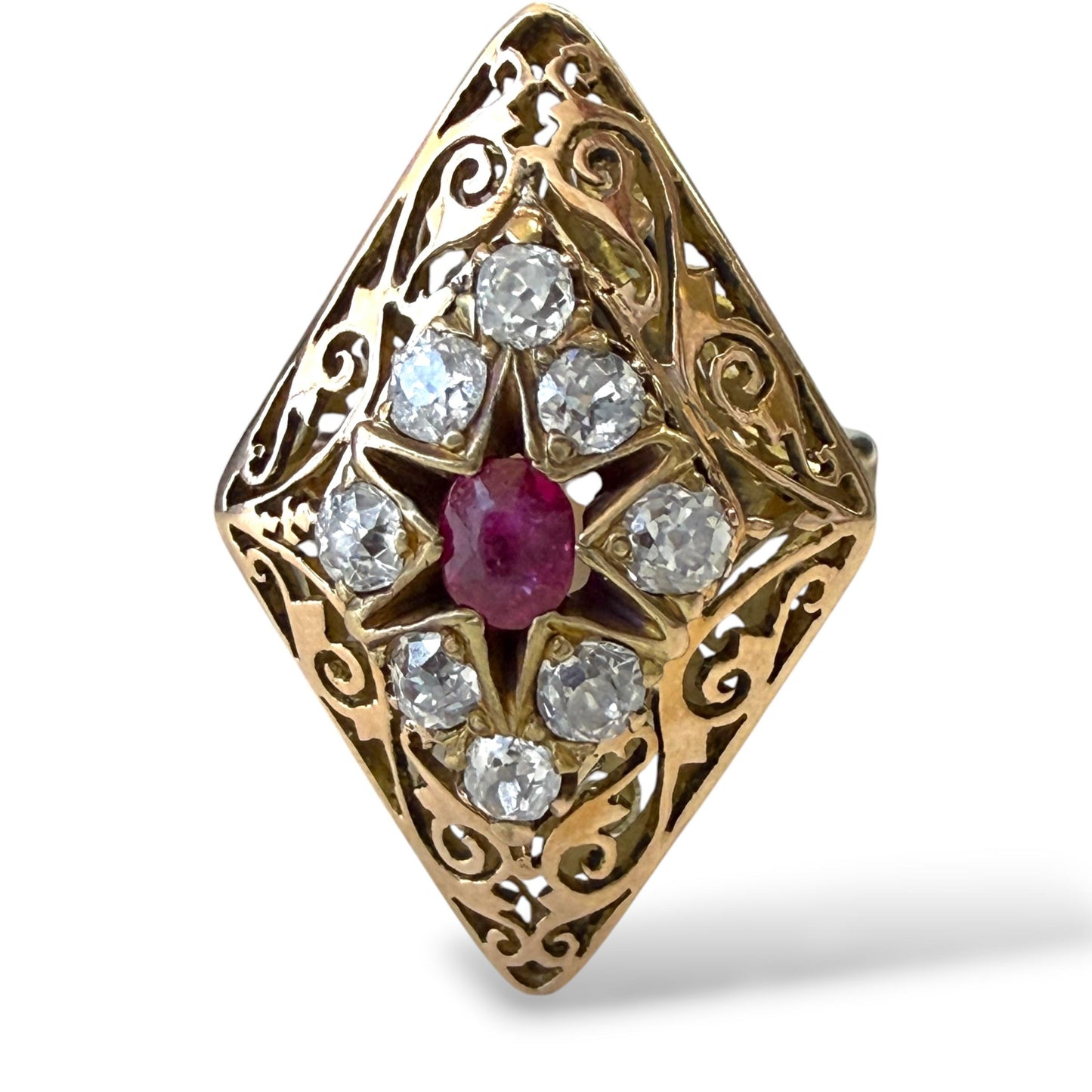 0.10ct. Ruby & 0.32 White Diamonds Vintage Ring in 14k Yellow Gold 5.5US 5.01g.