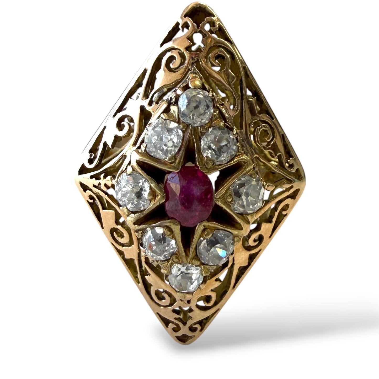 0.10ct. Ruby & 0.32 White Diamonds Vintage Ring in 14k Yellow Gold 5.5US 5.01g.