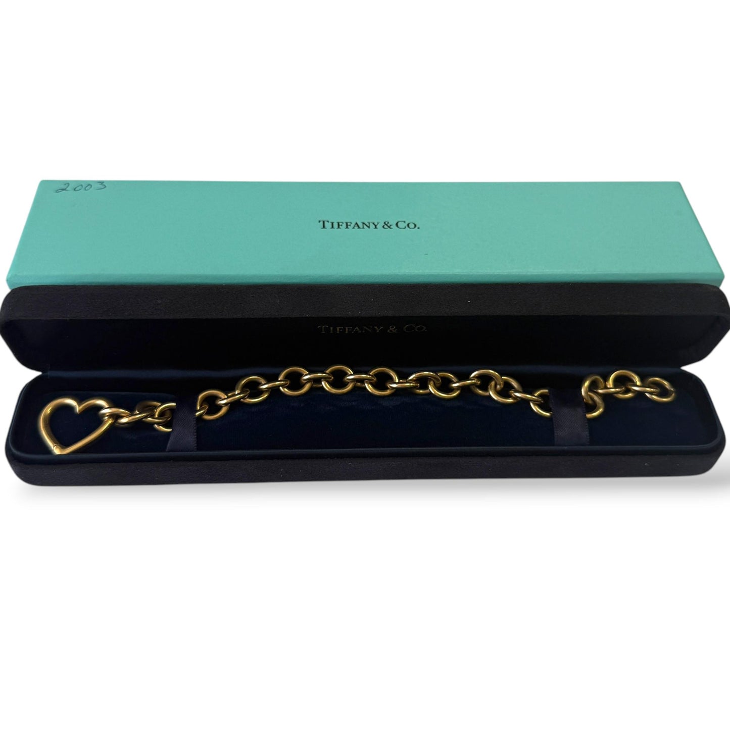 RARE Tiffany & Co. 18k Yellow Gold Round Link Heart Clasp Bracelet 8.25" 50.41g.