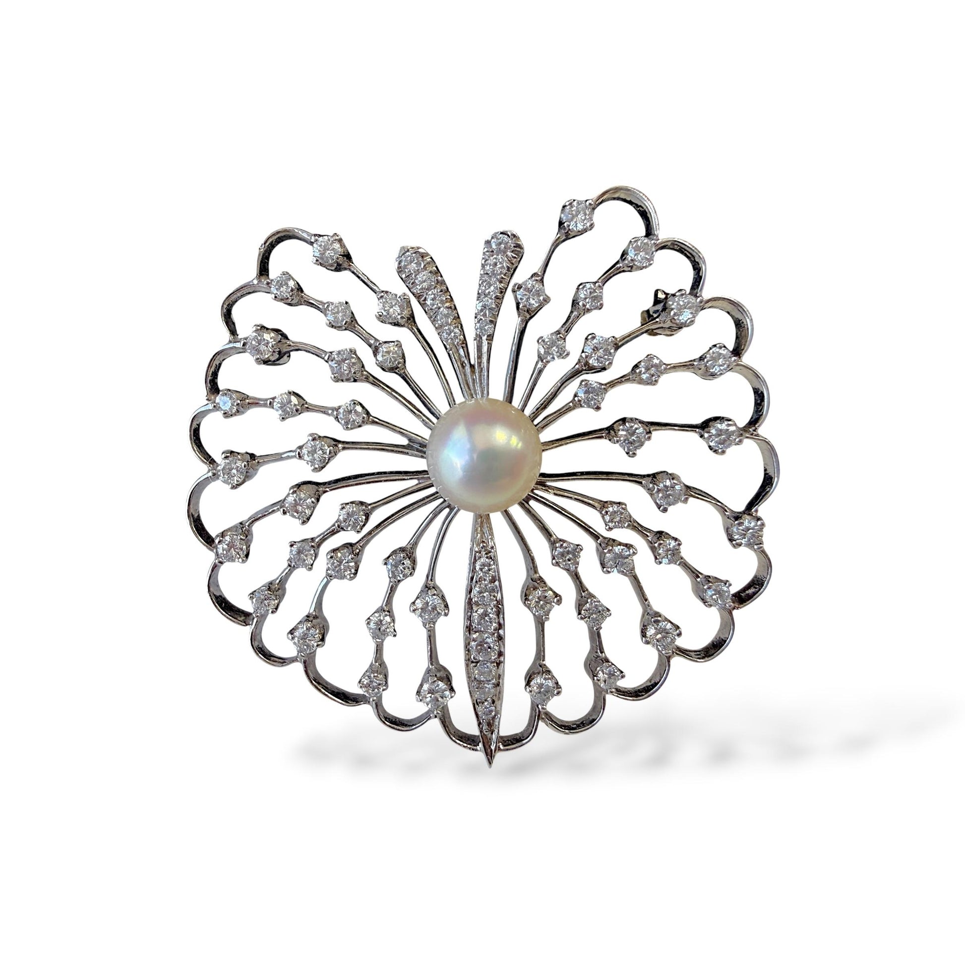 1.95cttw. White Diamond & Pearl Vintage Brooch in 14k White Gold 13.73g.
