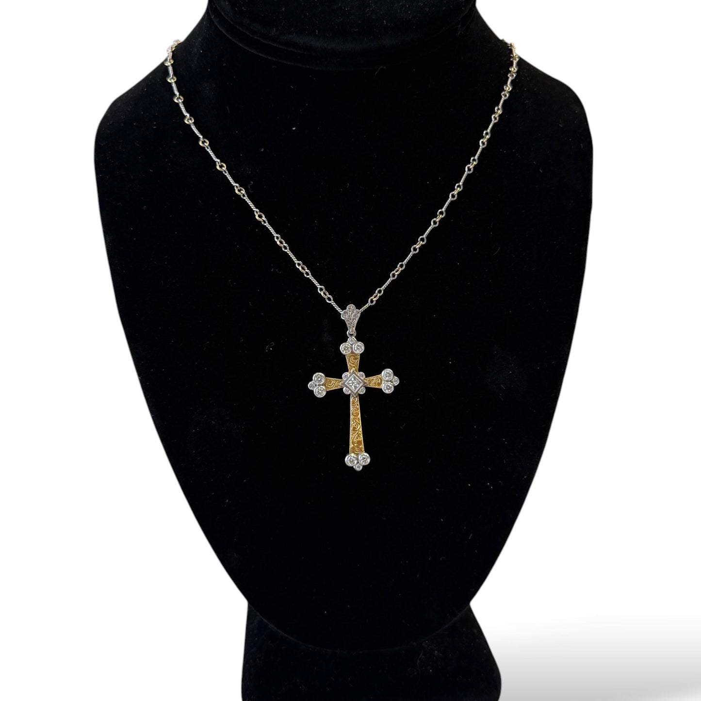 Vintage 18k Two Tone Gold Cross Necklace with White Diamonds 16.56g. 19"