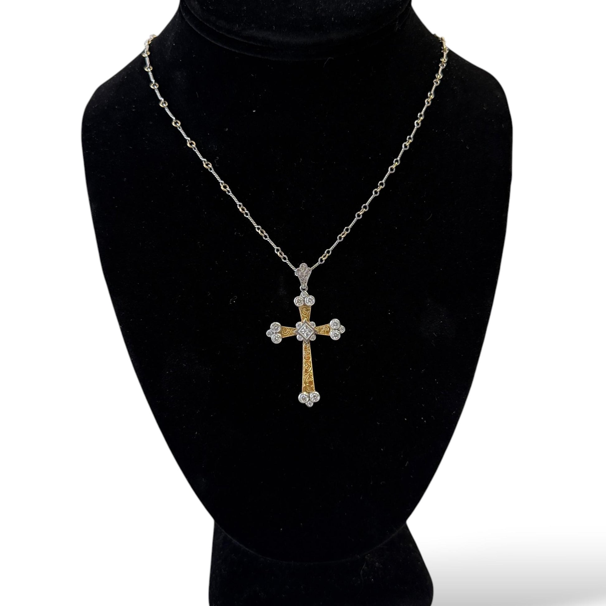 Vintage 18k Two Tone Gold Cross Necklace with White Diamonds 16.56g. 19"