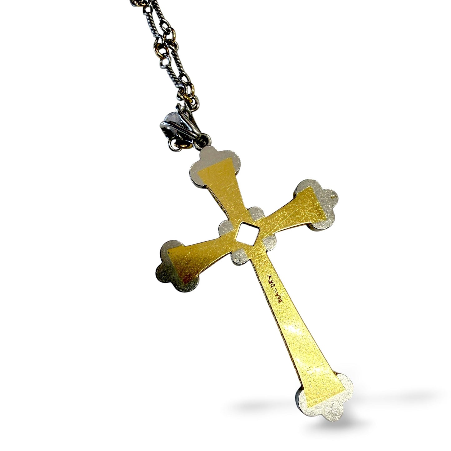 Vintage 18k Two Tone Gold Cross Necklace with White Diamonds 16.56g. 19"