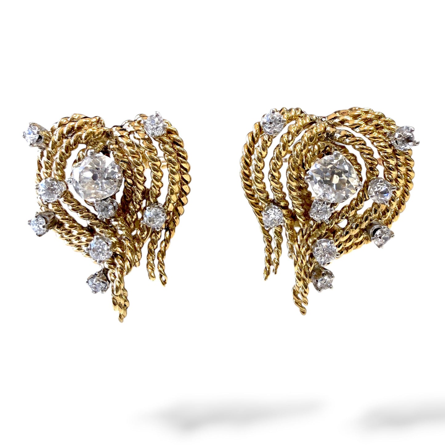 Vintage 2. cttw White Diamond Clip-on Strand Earrings in 14k Yellow Gold 19.16g.