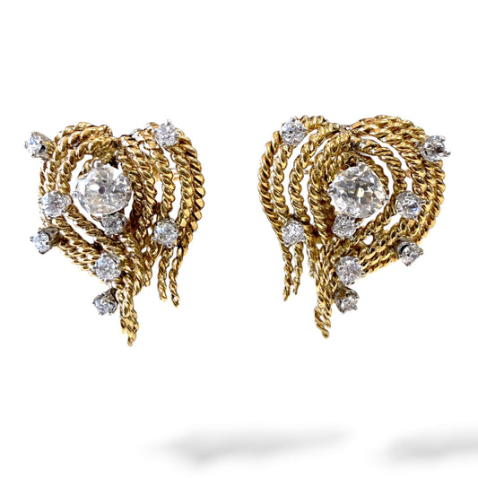 Vintage 2. cttw White Diamond Clip-on Strand Earrings in 14k Yellow Gold 19.16g.