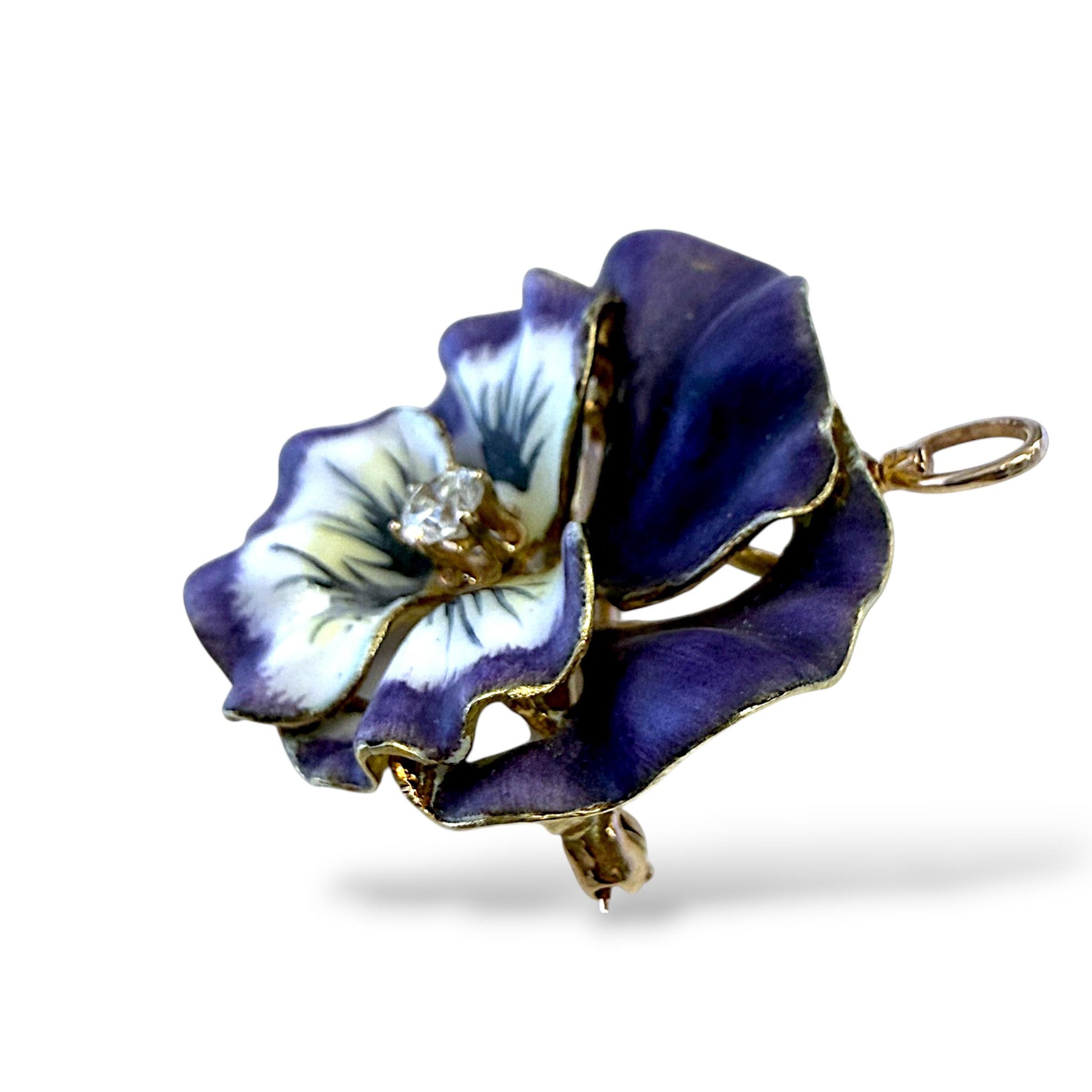 Vintage Enamel 0.25ct. White Diamond Brooch in 14k Yellow Gold 9.07g.