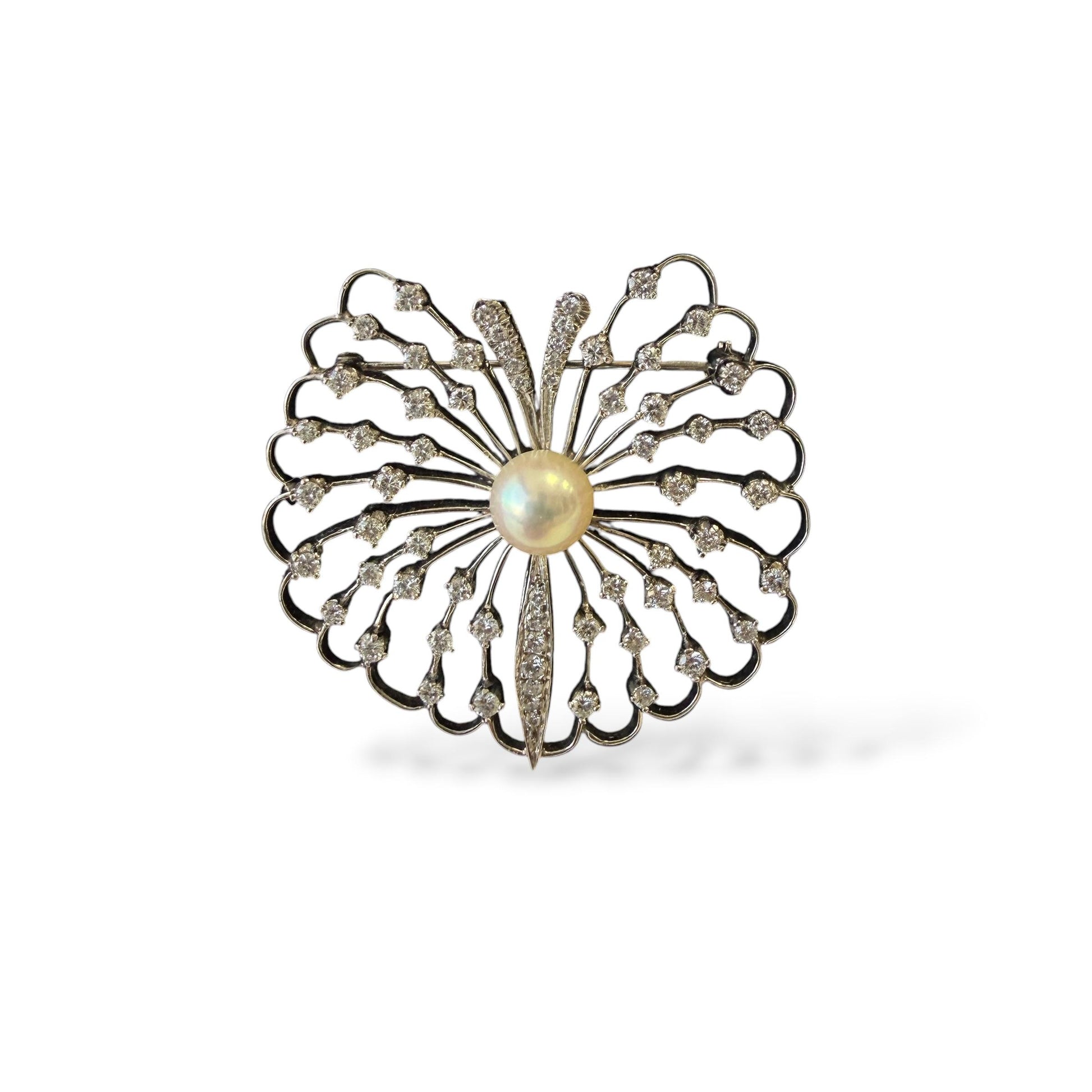 1.95cttw. White Diamond & Pearl Vintage Brooch in 14k White Gold 13.73g.