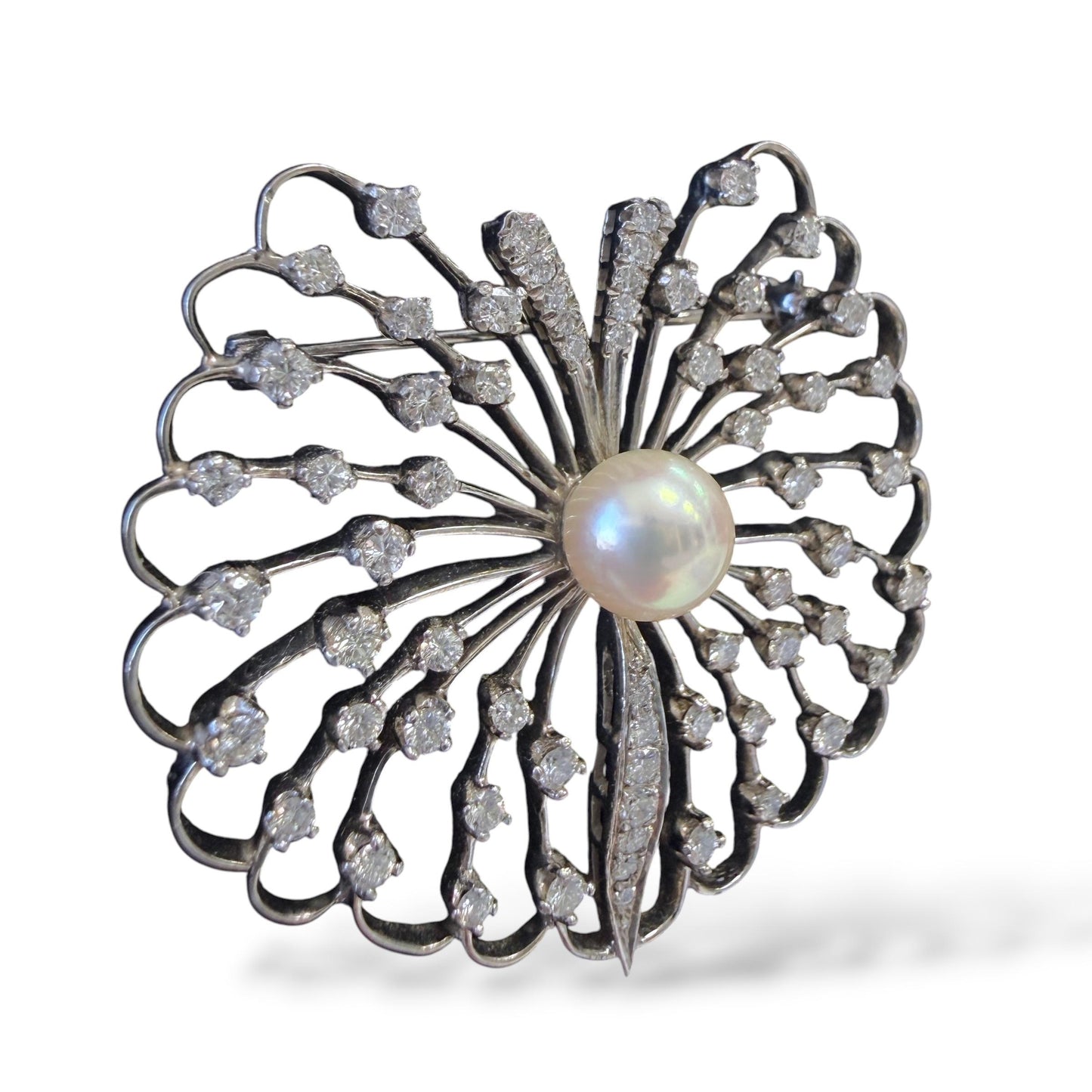1.95cttw. White Diamond & Pearl Vintage Brooch in 14k White Gold 13.73g.