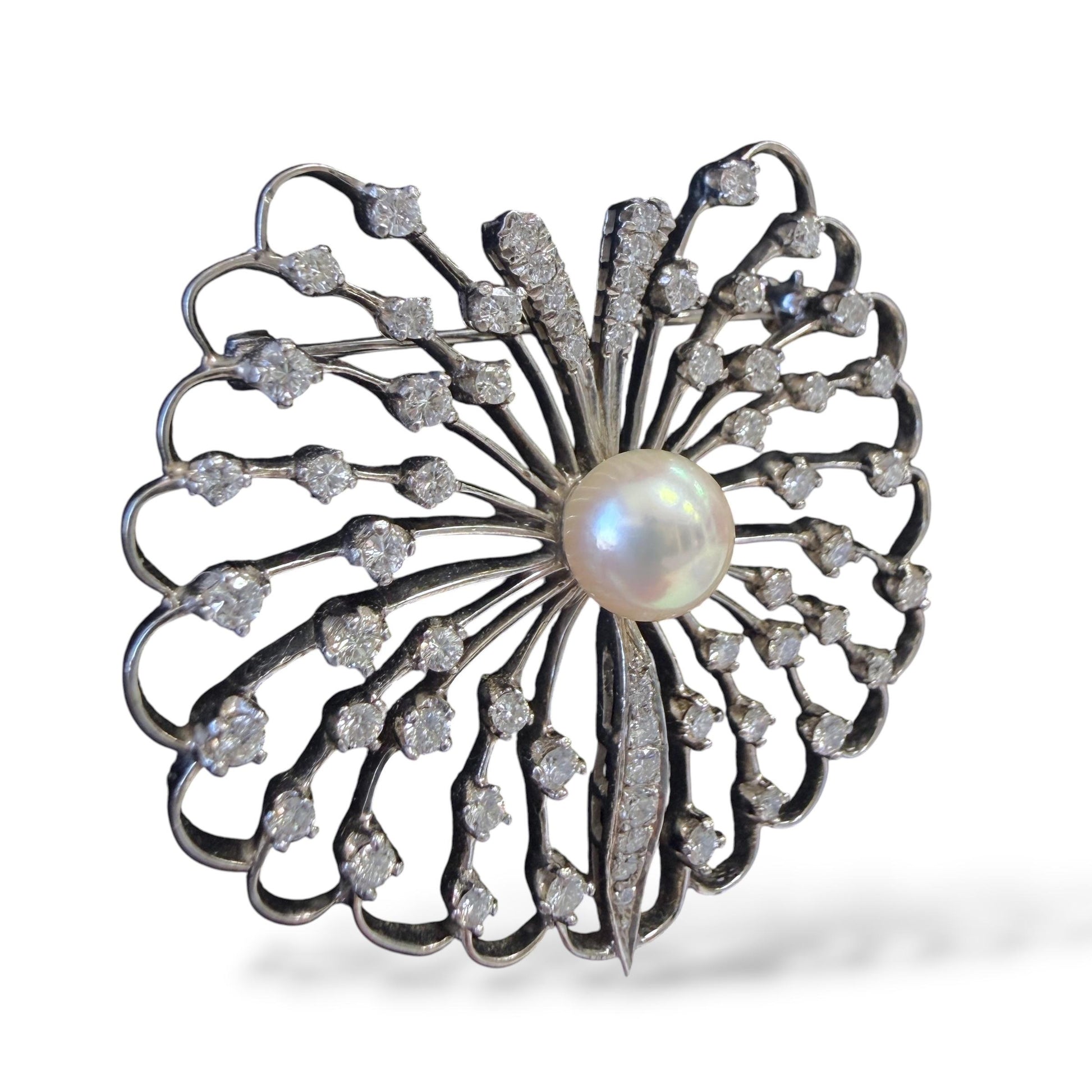 1.95cttw. White Diamond & Pearl Vintage Brooch in 14k White Gold 13.73g.