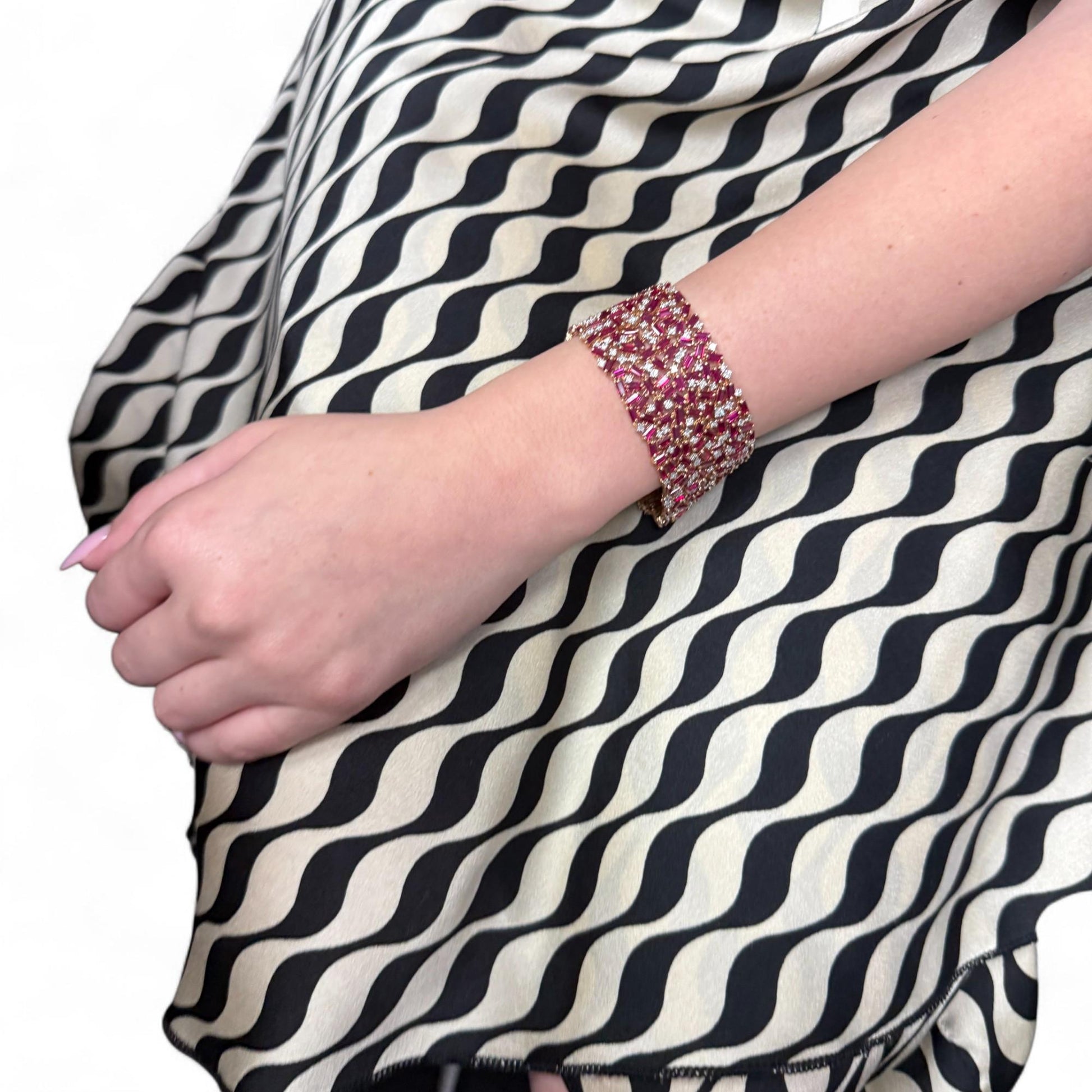 36cttw. No Heat Ruby & 6.5cttw. White Diamond Bracelet in 18k Rose Gold 84.21g.
