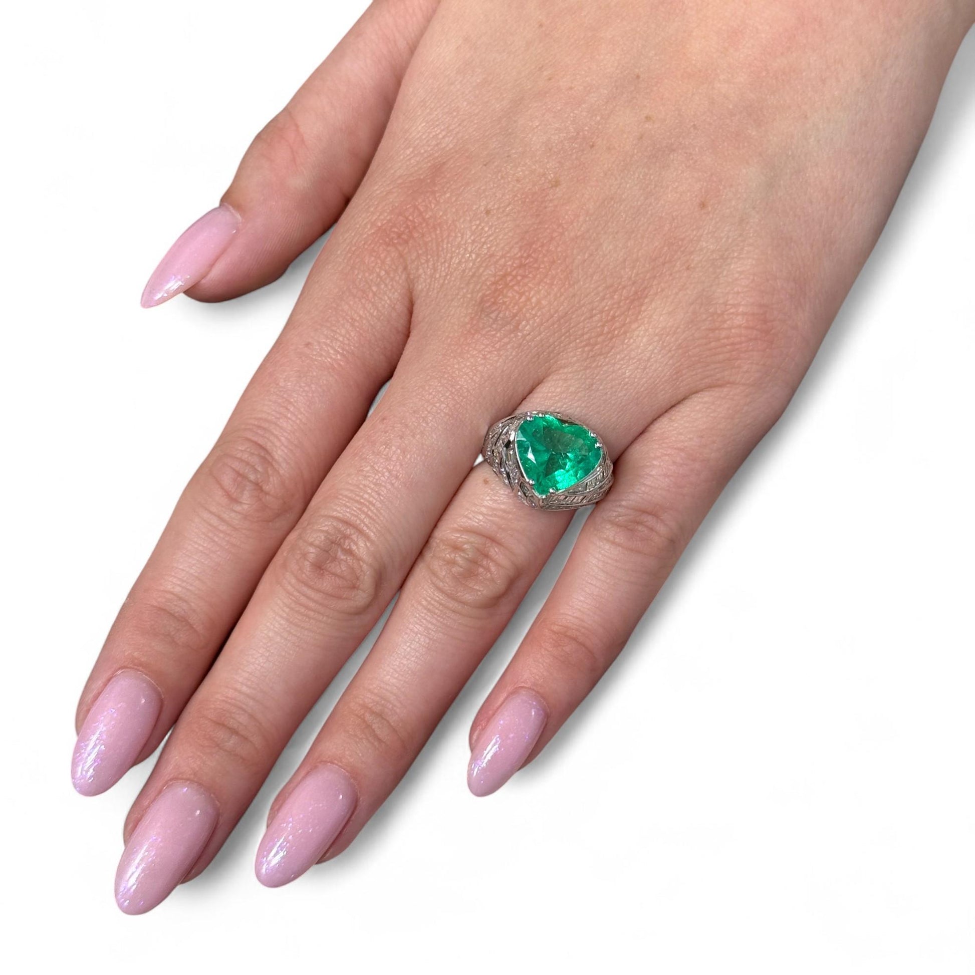 3.55 ct. Green Emerald Heart Shape & White Diamond Ring in 18k White Gold