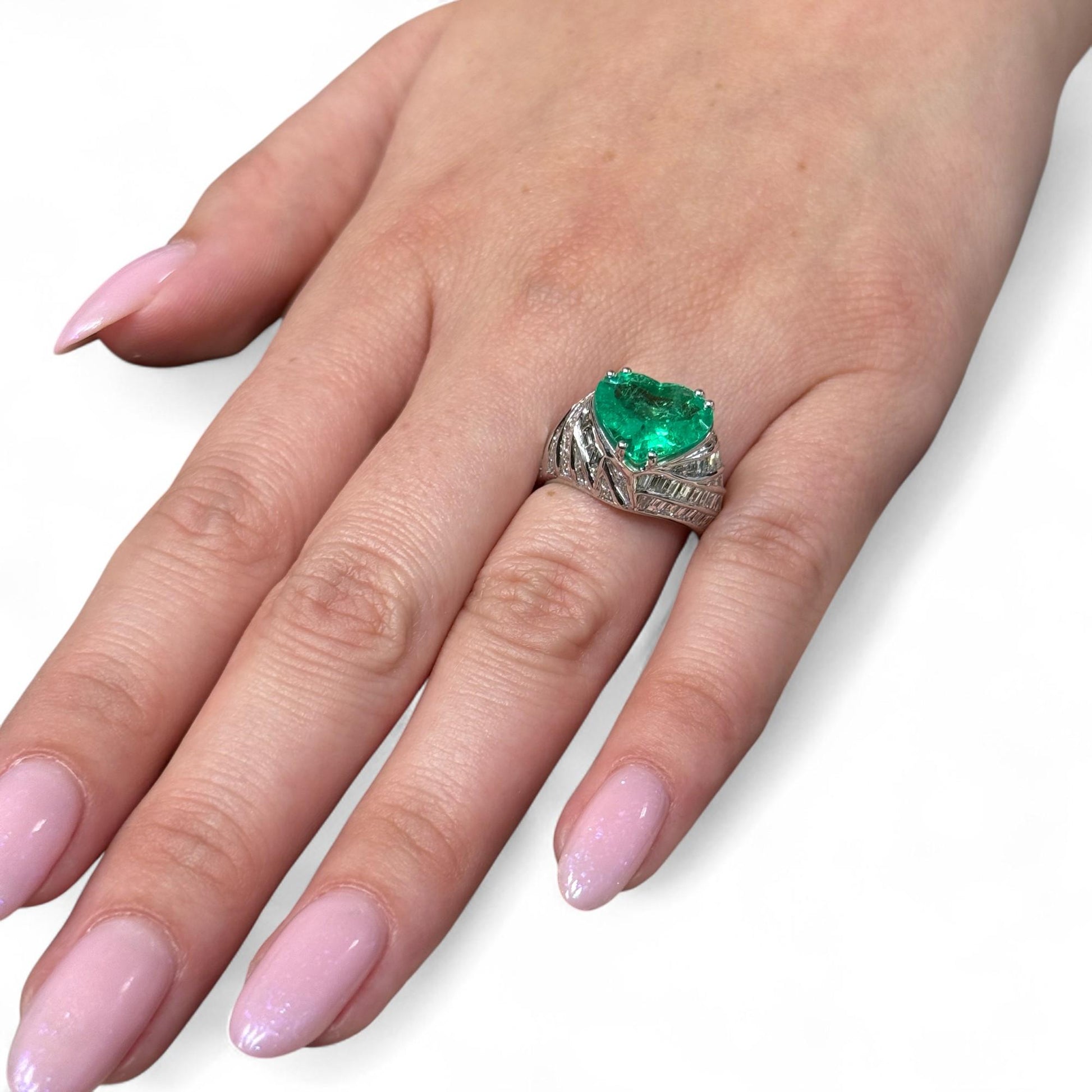 3.55 ct. Green Emerald Heart Shape & White Diamond Ring in 18k White Gold