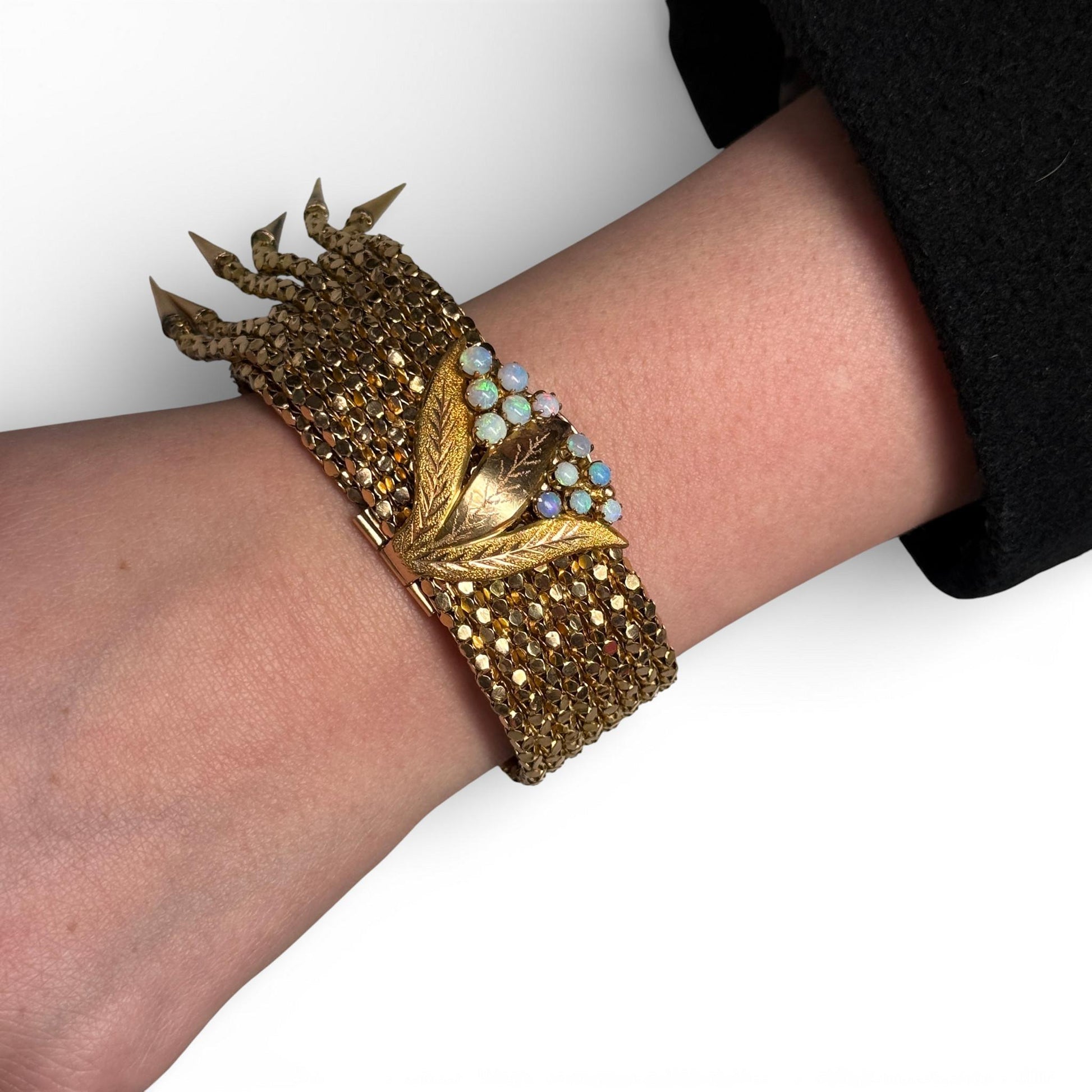 14k Yellow Gold Tassle Adjustable Size Bracelet with Opals 64.57g. 10"