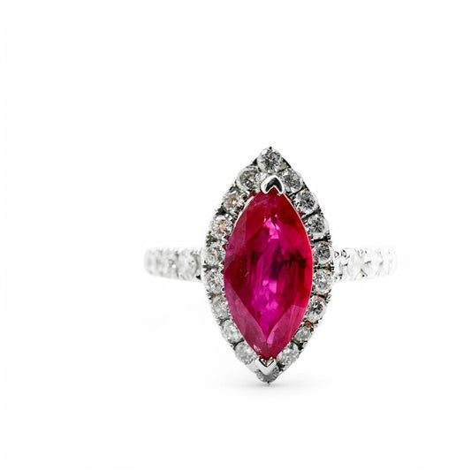 1.39 ct. Ruby Burma Halo Diamond Ring in 14k White Gold 6.5US 3.95g