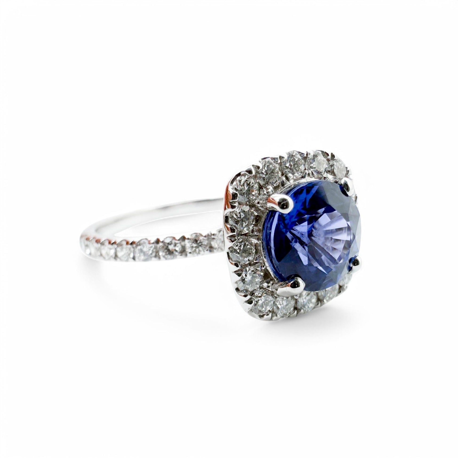 1.35 ct. Blue Sapphire Hallo White Diamond Ring in 14k White Gold 6US 2.27g