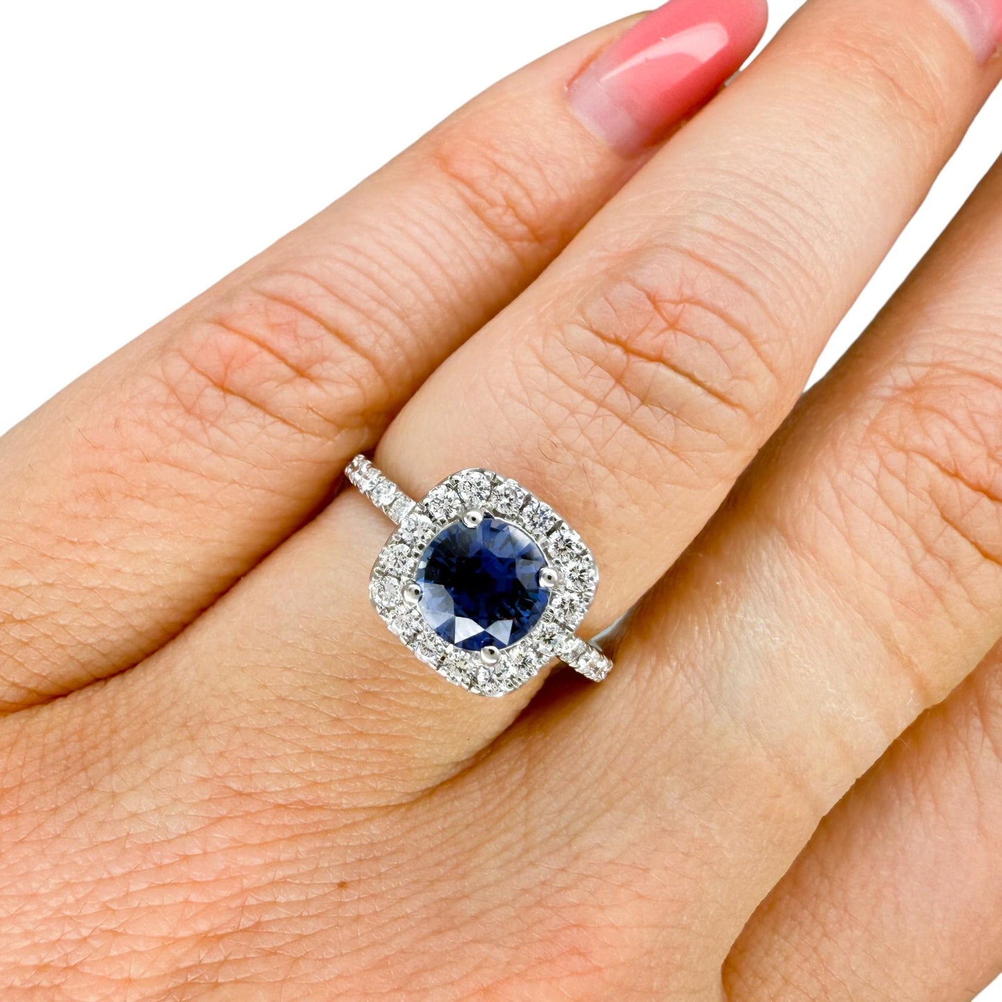 1.35 ct. Blue Sapphire Hallo White Diamond Ring in 14k White Gold 6US 2.27g
