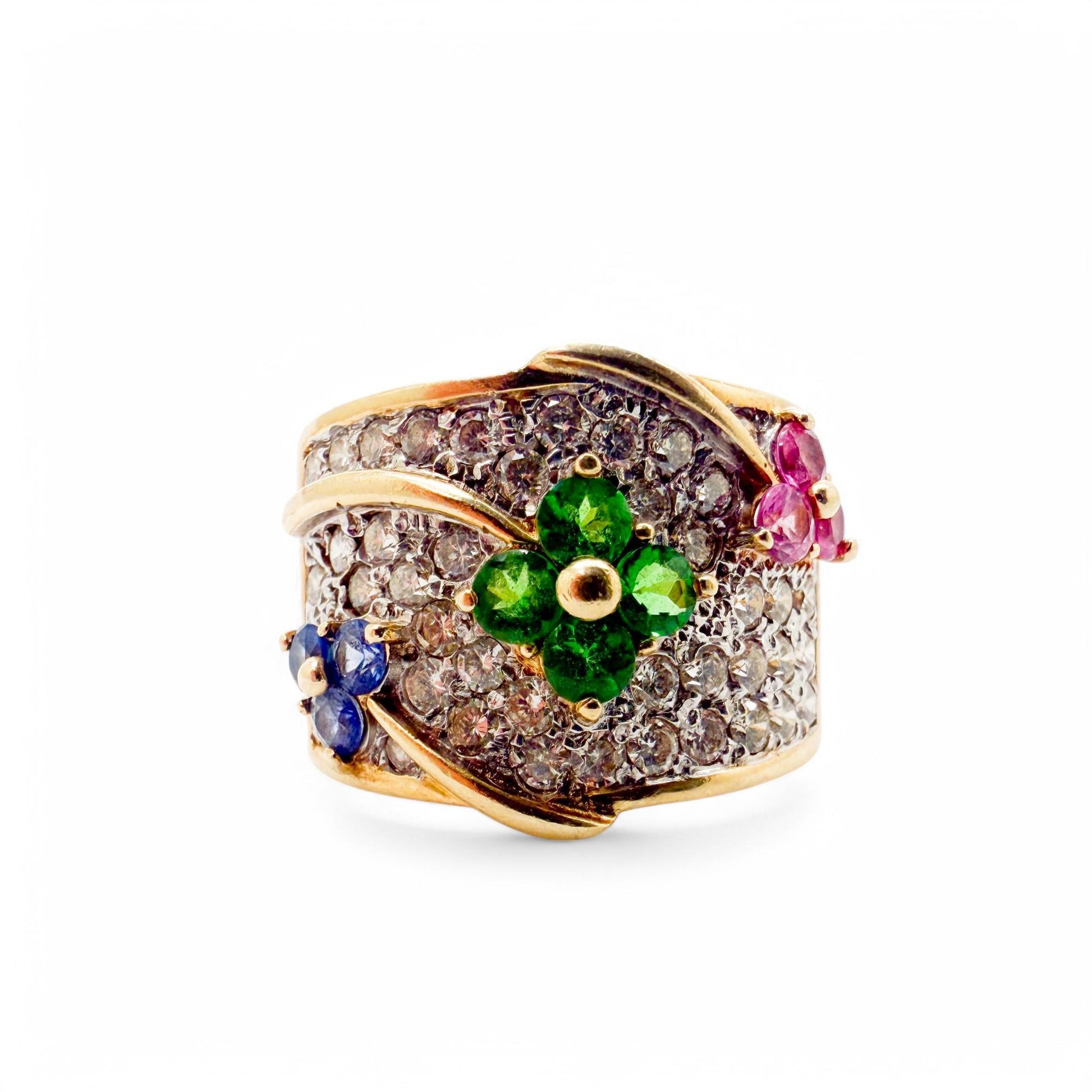14k Yellow Gold Le Vian Flower Ring with 1.30cttw White Diamond & Gemstones 9US