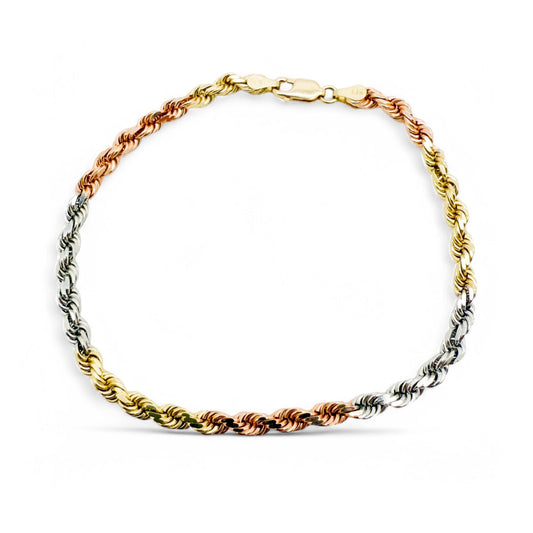14k Tri-tone Rope Chain Bracelet 9.79g.