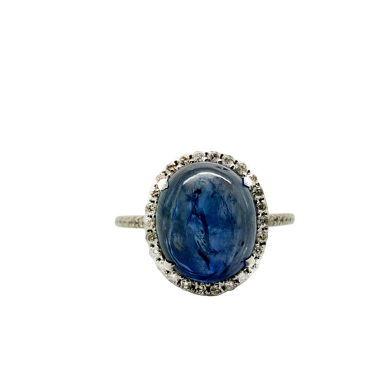 Approx 5.00 ct. Blue Sapphire Cabachon Halo Ring in 14K White Gold 6.5US