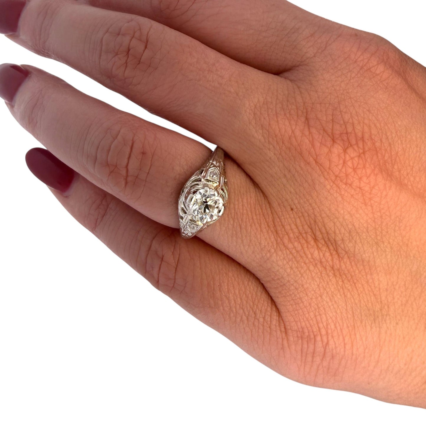 0.65ct. White Diamond Antique Ring in 18k White Gold 6.25US 2.72g.