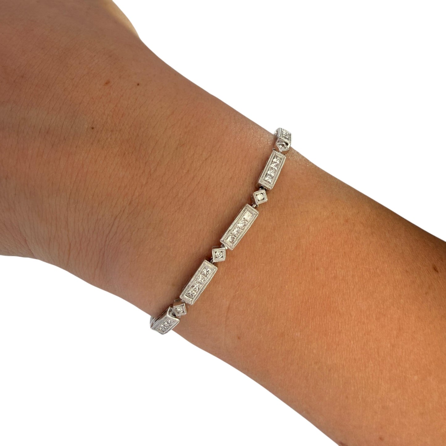 4.12cttw. White Diamond Art Deco Bracelet in 18k White Gold 13.20g. 7"