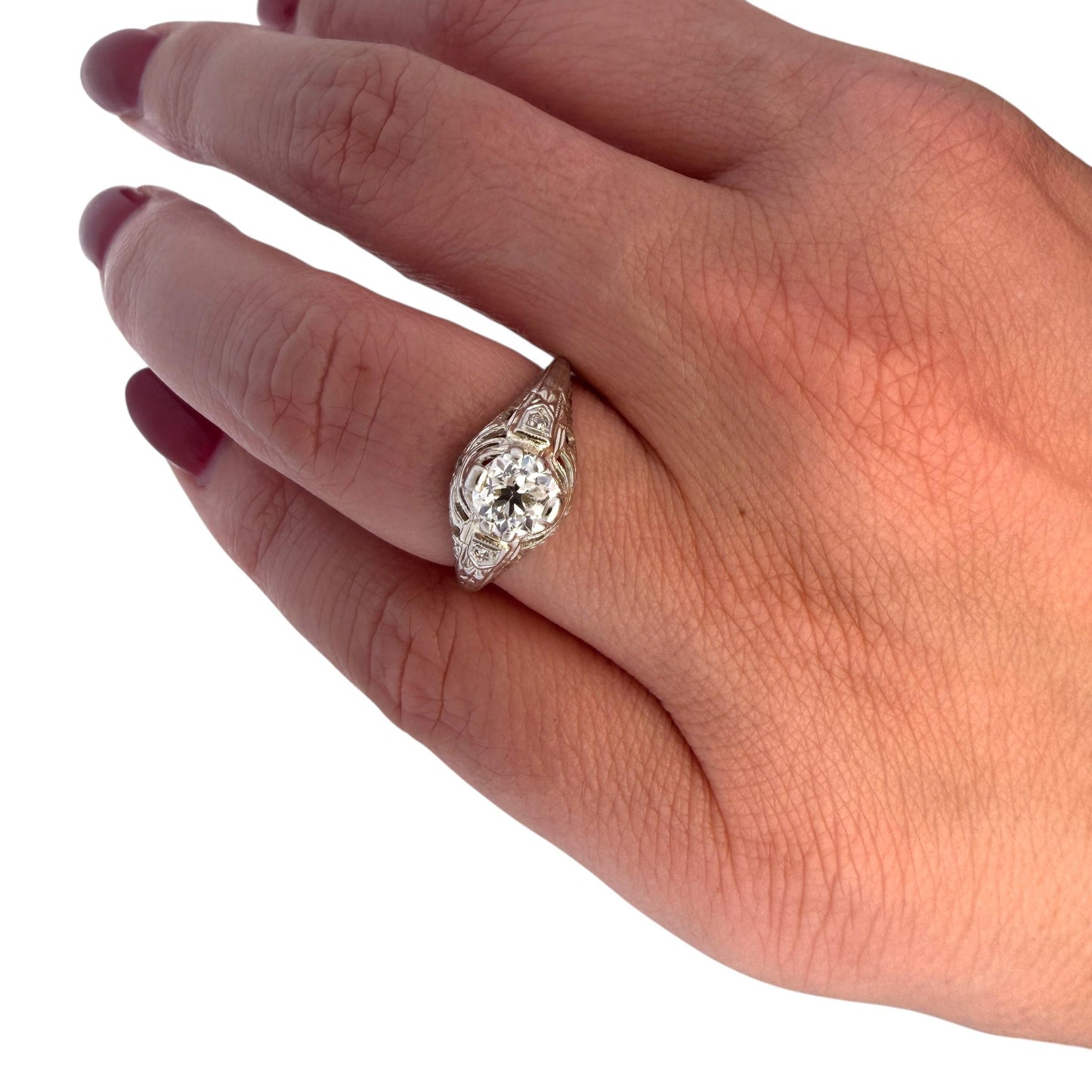 0.65ct. White Diamond Antique Ring in 18k White Gold 6.25US 2.72g.