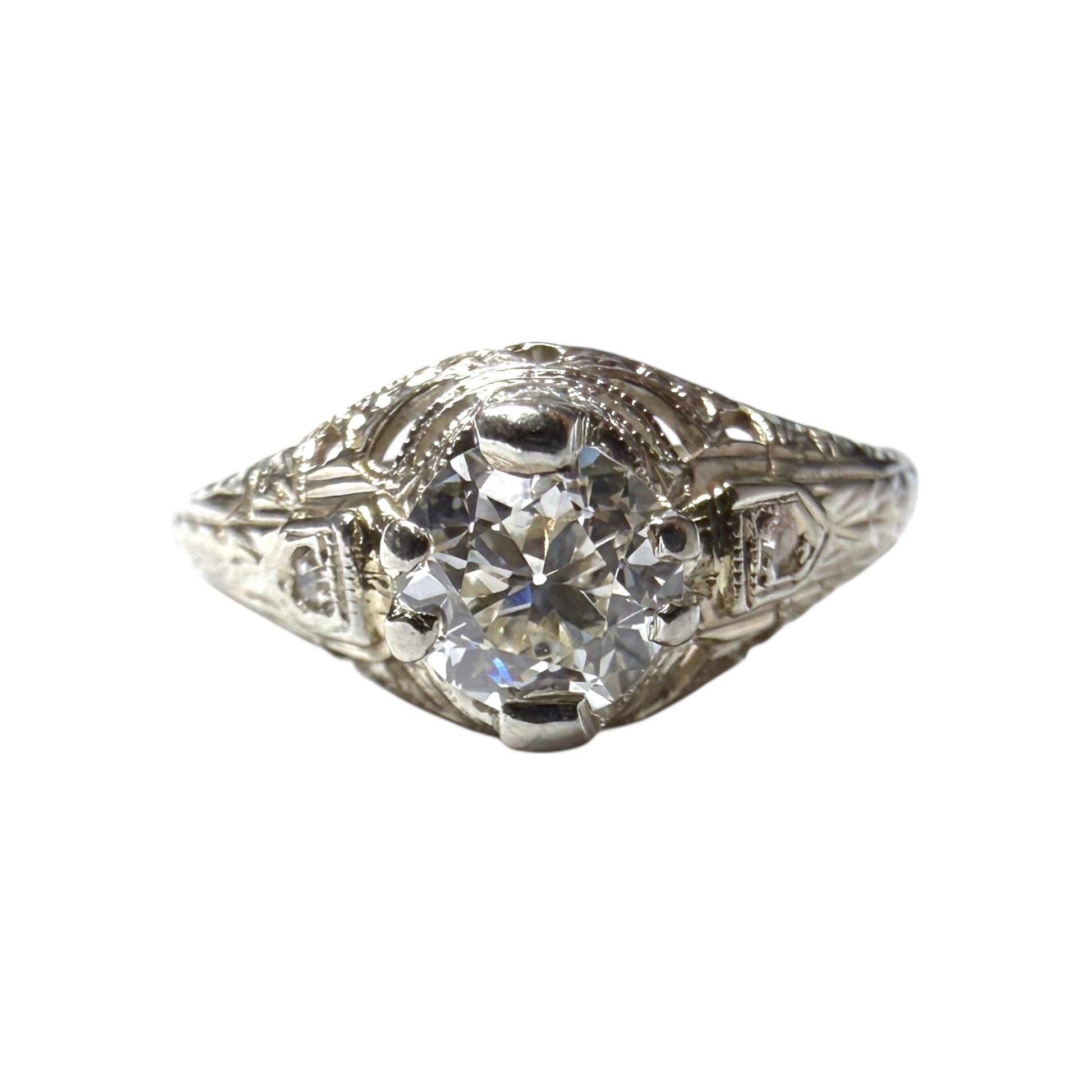 0.65ct. White Diamond Antique Ring in 18k White Gold 6.25US 2.72g.