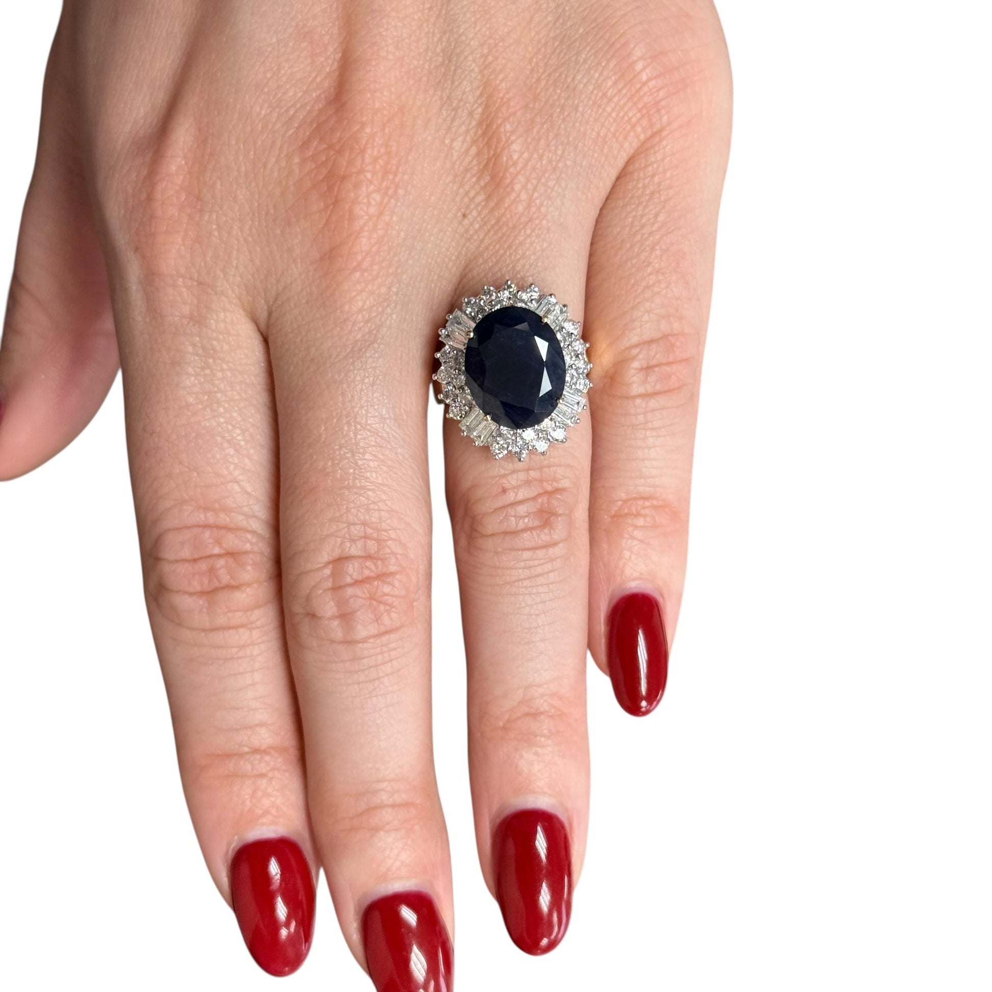 7.40ct. Blue Sapphire & White Diamond Cocktail Ring in 18k Yellow Gold 5.75US