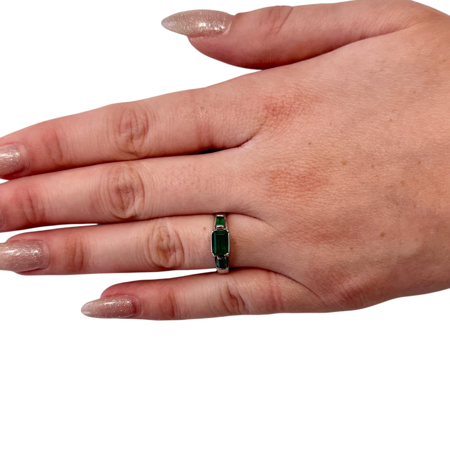 1.30cttw. Green Emerald Three Stone Ring in 18k White Gold 6US 3.68g.
