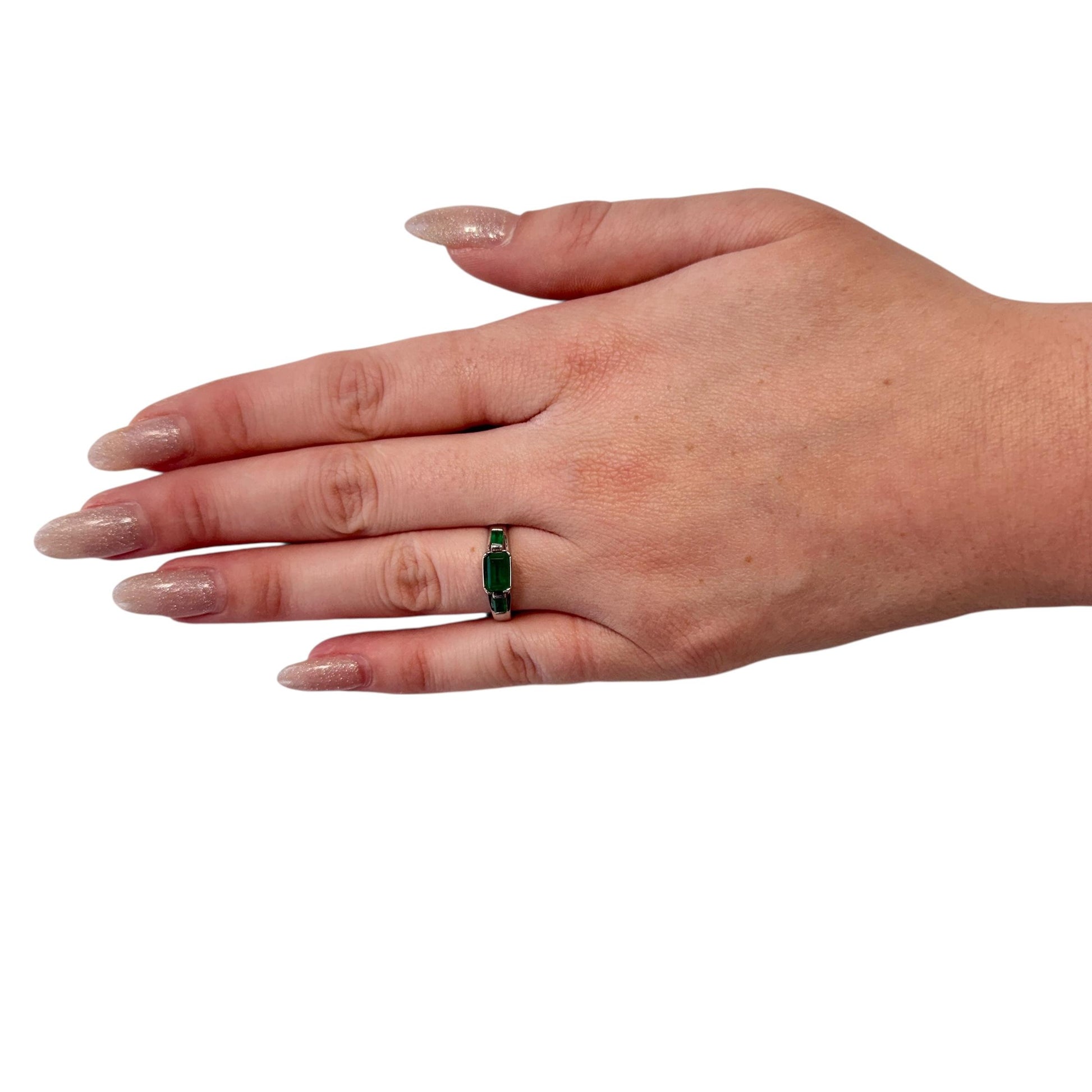 1.30cttw. Green Emerald Three Stone Ring in 18k White Gold 6US 3.68g.