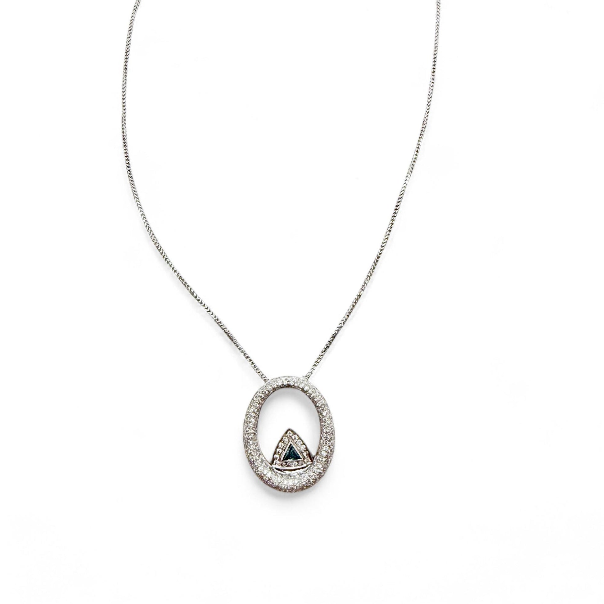 Apprx. 2.00cttw White Diamond & Blue Trillion Pendant Neckalce in 14k White Gold