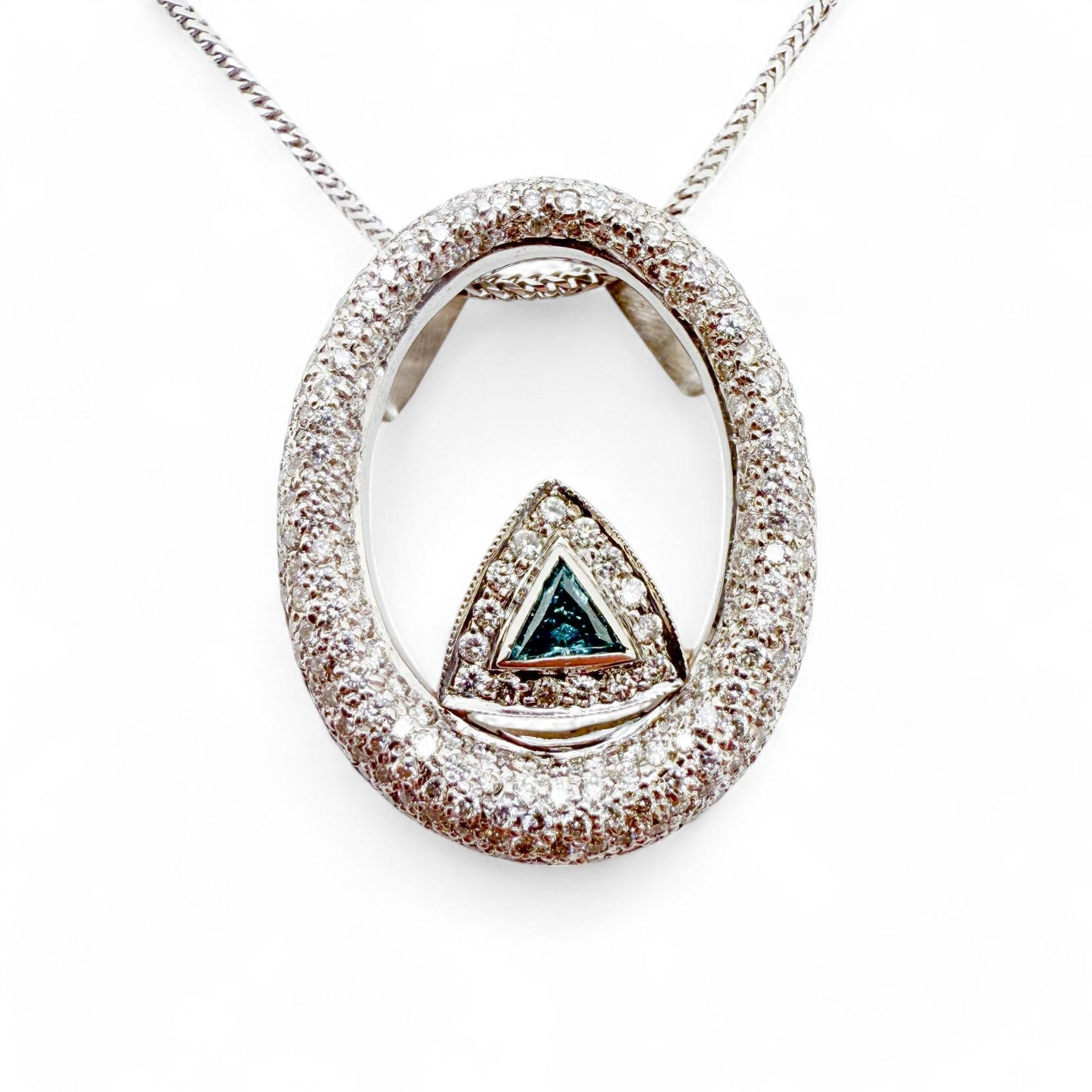 Apprx. 2.00cttw White Diamond & Blue Trillion Pendant Neckalce in 14k White Gold