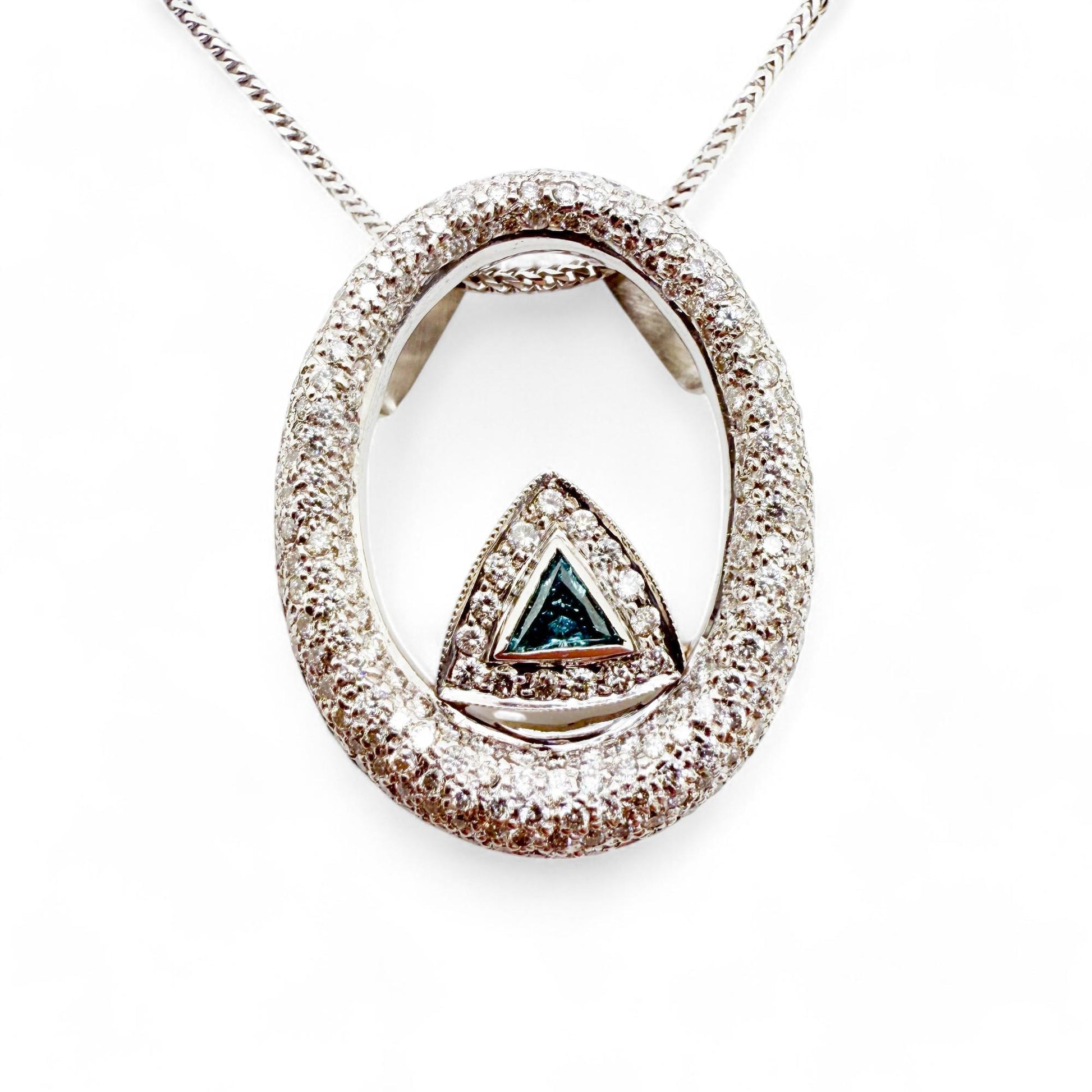 Apprx. 2.00cttw White Diamond & Blue Trillion Pendant Neckalce in 14k White Gold