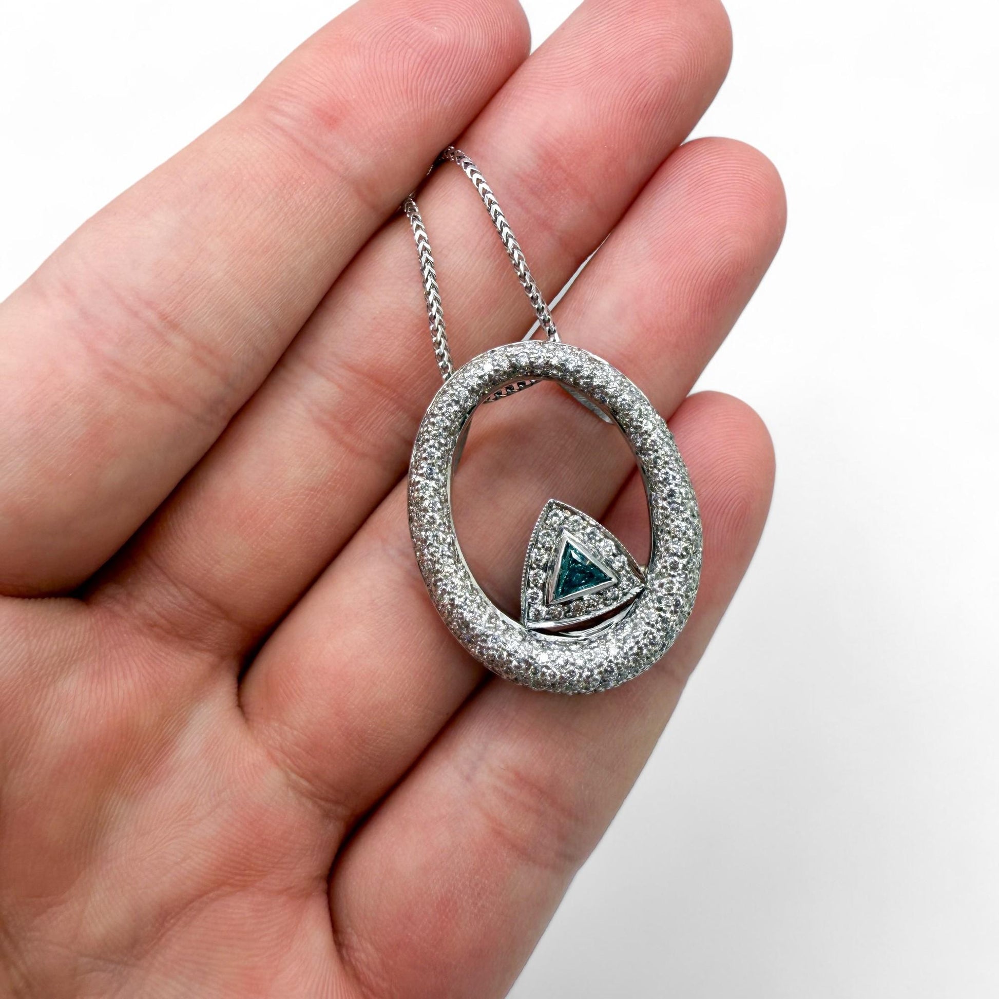 Apprx. 2.00cttw White Diamond & Blue Trillion Pendant Neckalce in 14k White Gold