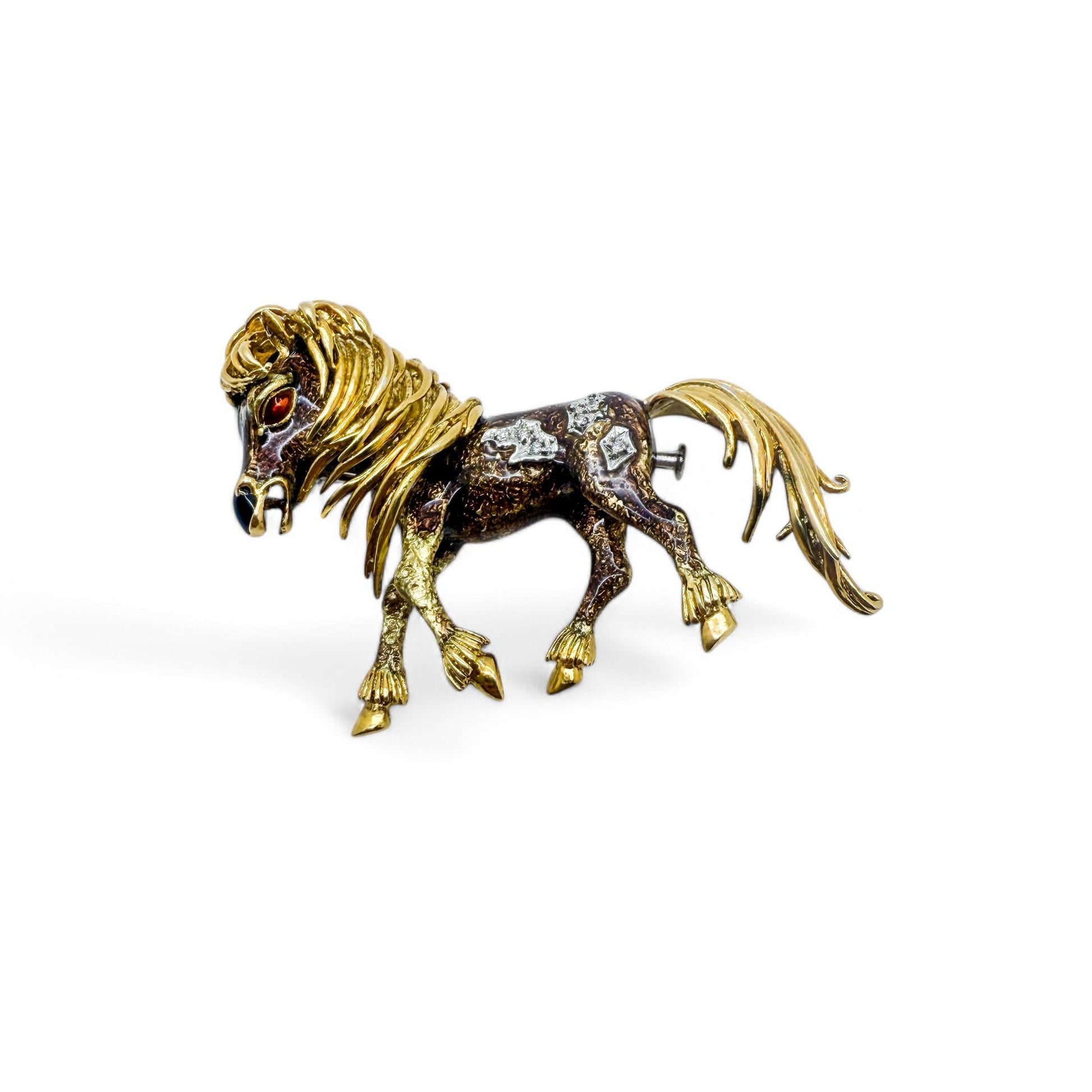 Vintage 18k Yellow Gold & White Diamond Enamel Horse Brooch 27.30g