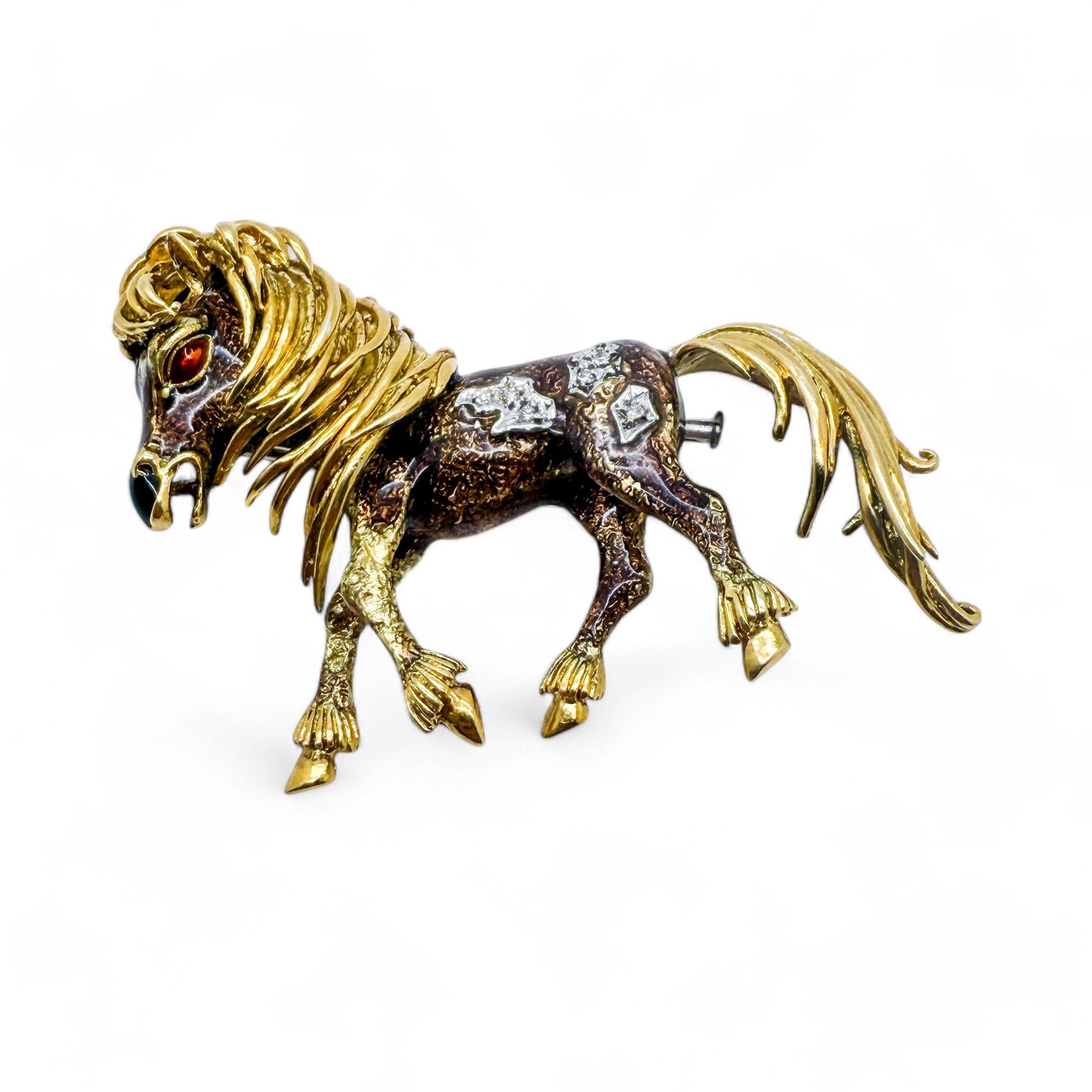 Vintage 18k Yellow Gold & White Diamond Enamel Horse Brooch 27.30g