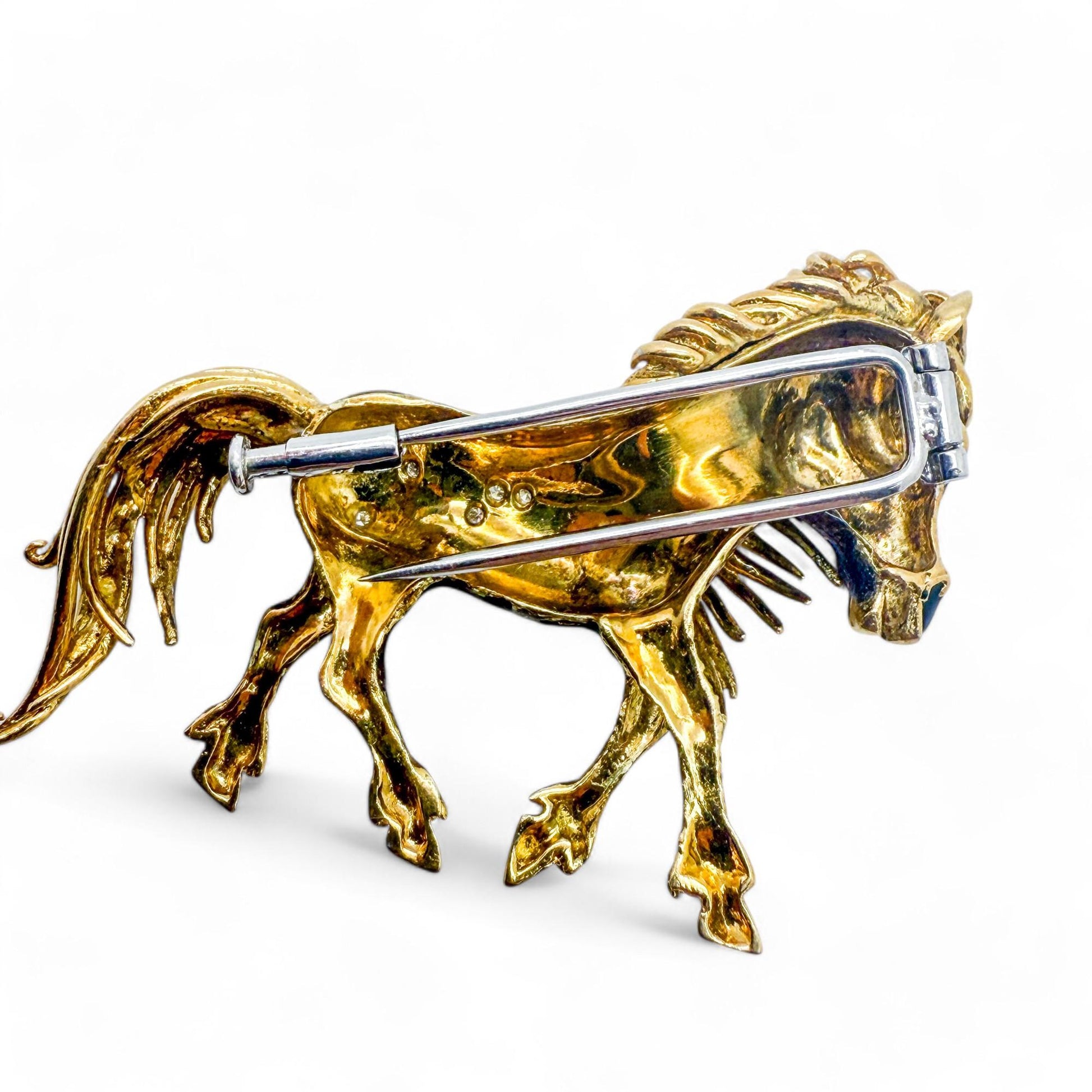 Vintage 18k Yellow Gold & White Diamond Enamel Horse Brooch 27.30g