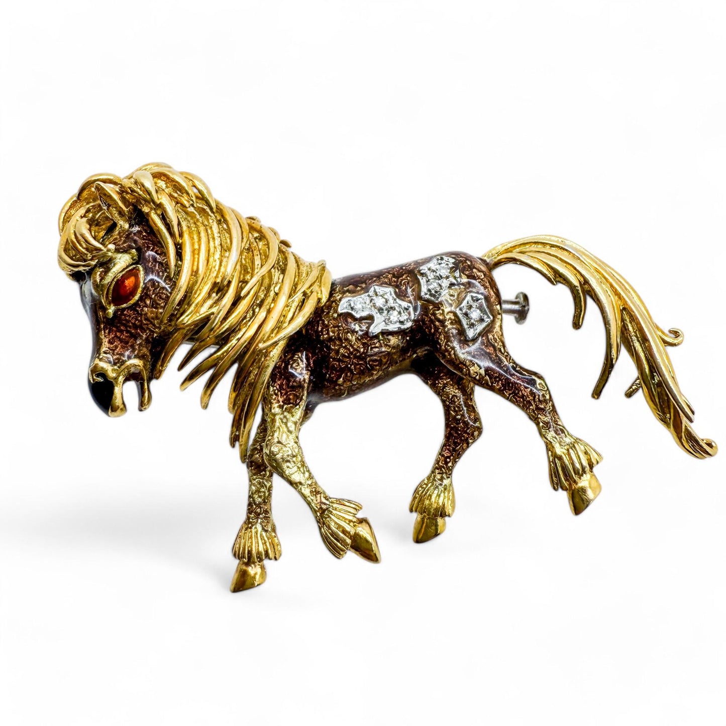 Vintage 18k Yellow Gold & White Diamond Enamel Horse Brooch 27.30g